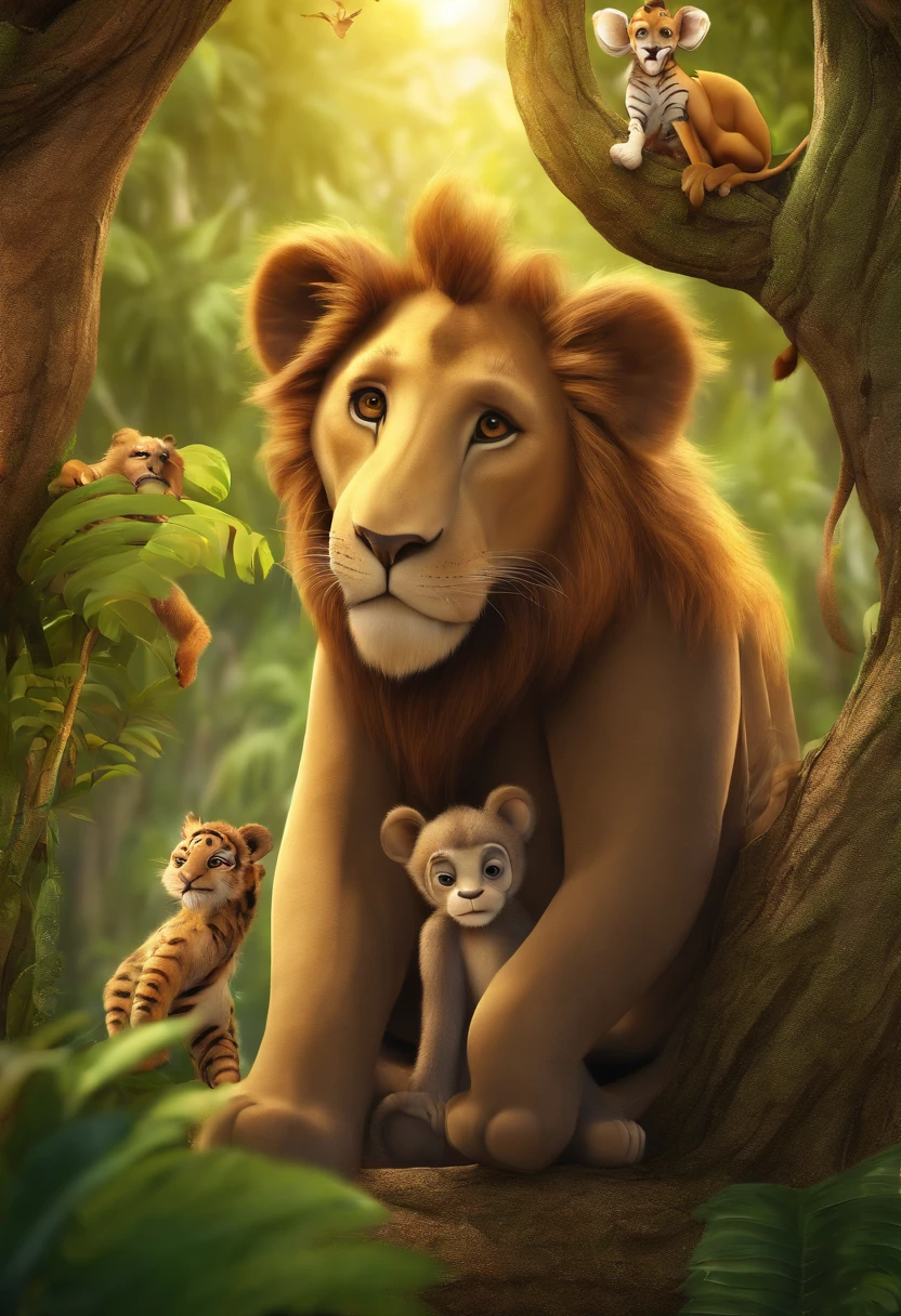 Lion, giraffe,Monkey in a tree,Elephant, tiger,Forest, beautiful nature kids style,animation graphique