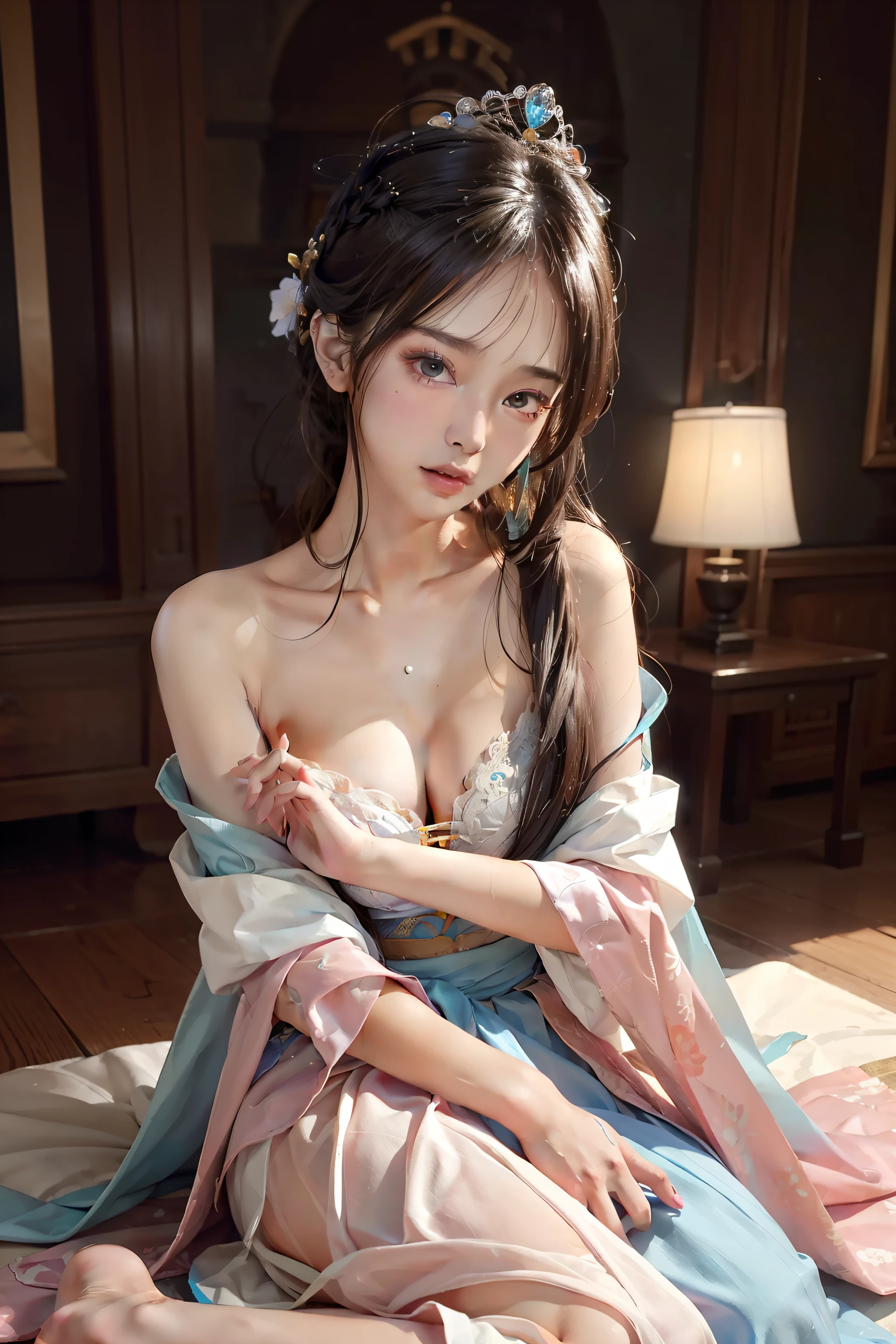 small li ，,princess 8 yeald old cute, Master picture quality, Highest quality, Best picture quality, Exaggerated details, The expression is shy,a close up of a , Super beautiful,Long hair, Very exaggerated and compact, Round breasts , Pose in front of the camera, ,, Wet-breasted Hanfu open V-chested clothes, All pictures, Wet body of thin silk fabric, Thin silk lace petticoat,princess 8 yeald old cute, (huge boobs，cleavage),petticoat, white pink, blue ，best qualtiy，tmasterpiece，超高分辨率，（真实感：1.4），RAW photogr，（True skin texture：1.3），（filmgrain：1.3），（Selfie angle），1个Giant Breast Girl，Beautiful eye and face details，tmasterpiece，Best quality at best，exposing thighs，Bigchest，The chest is more exposed，short detailed hair，above looking down facing at camera