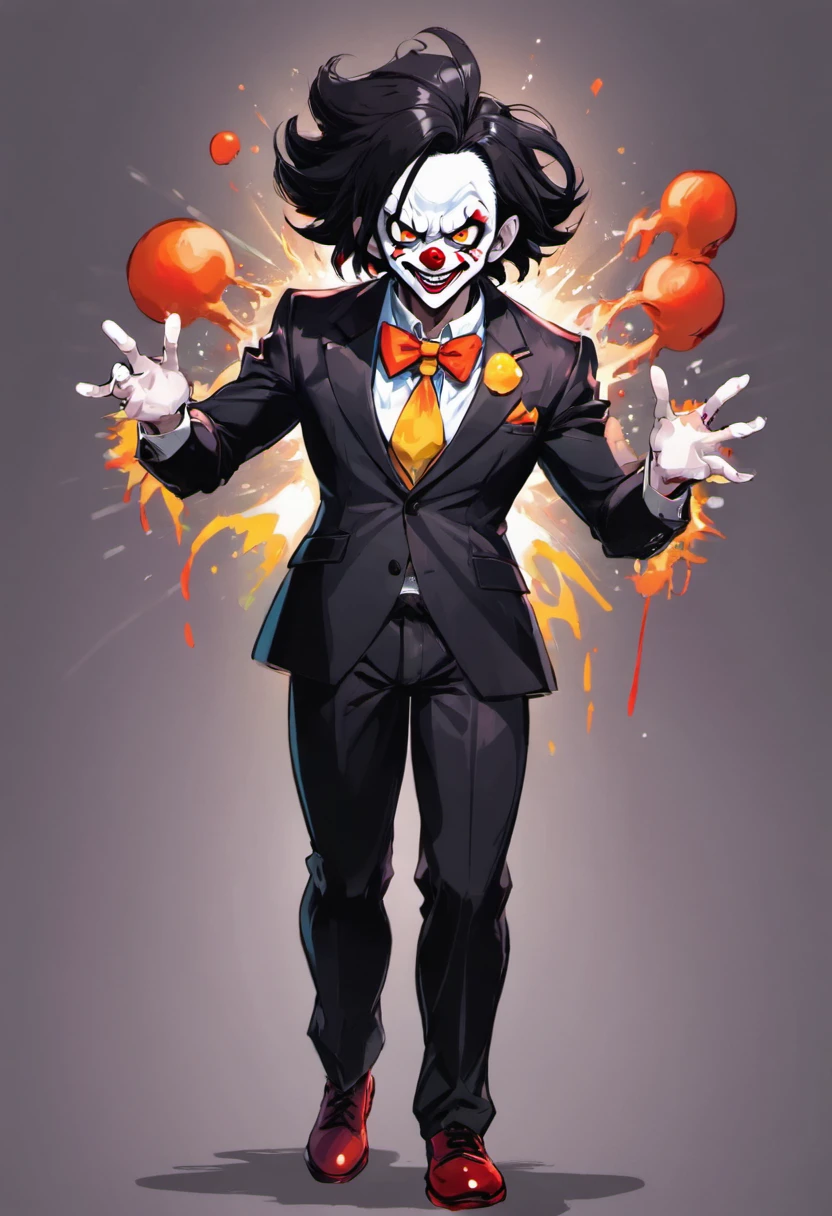 adult clown, standing still, black hair in suit