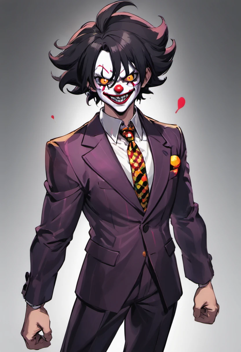 adult clown, standing still, black hair in suit