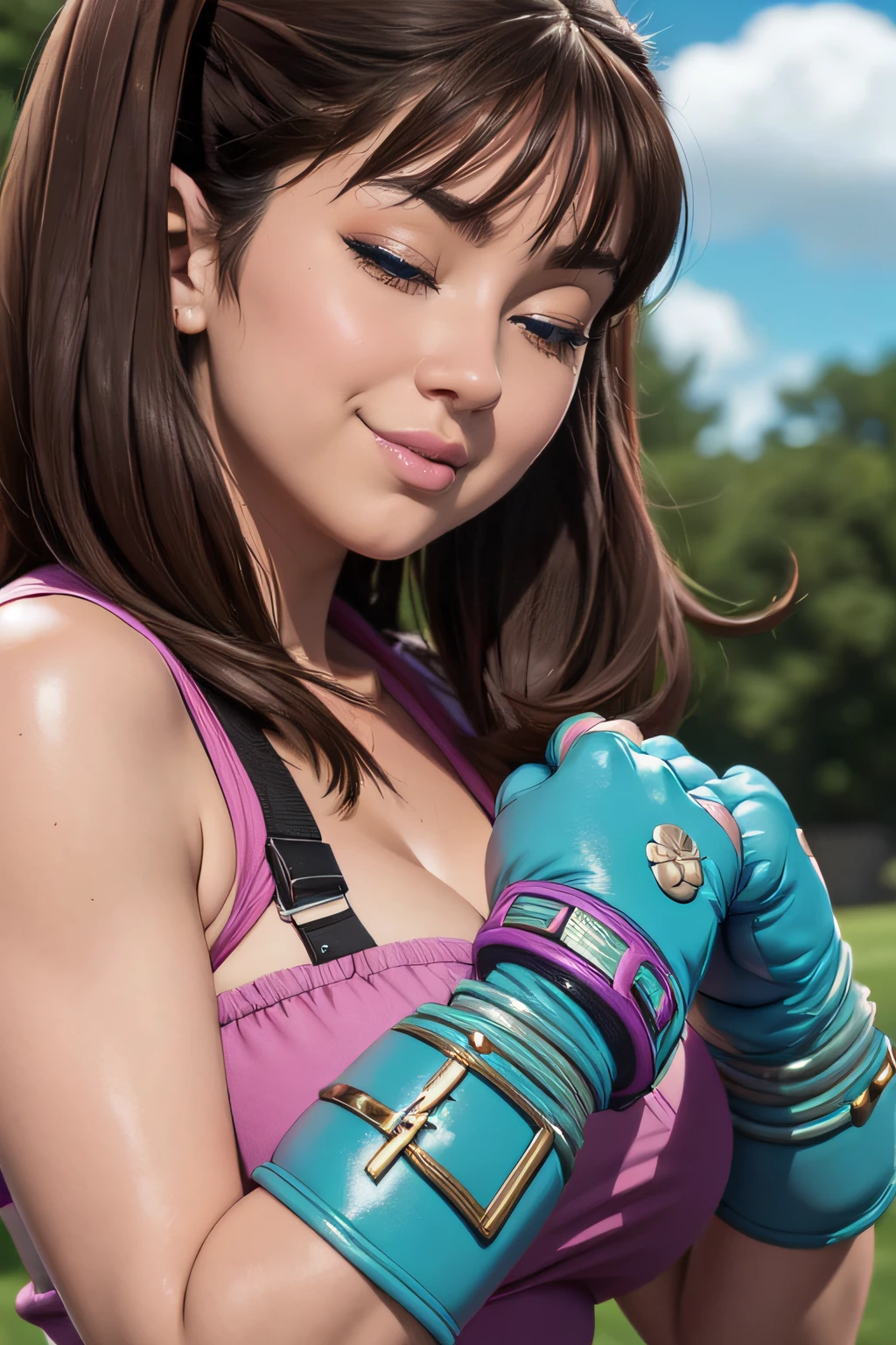 8K,hightquality,masterpiece,1girll, SOLO, purple eyes, brown hair, seven deadly sins, diane, tongue, ((one eye closed)), tongue_out, gloves, blush, fingerless gloves, twintails, looking at viewer, long hair, ;p, :p, smile, close-up