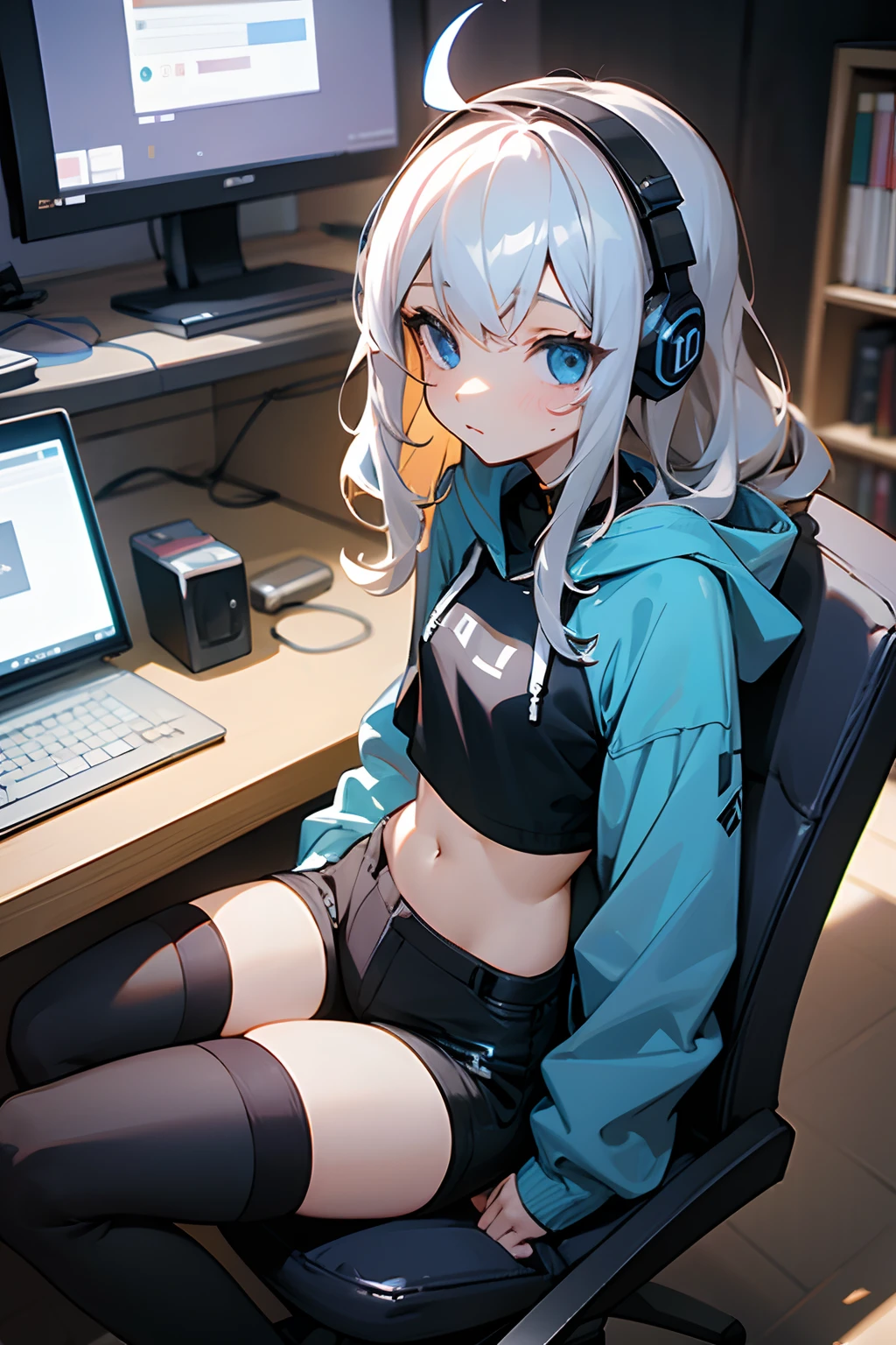 petite, small breasts, big butt, shorts, hoodie, wavy hair, split color hair, blue eyes, cute, headphones, facing viewer, small waist, thigh highs, sitting on chair, crop top, computer, fringe, alternative, black clothes, band merch,