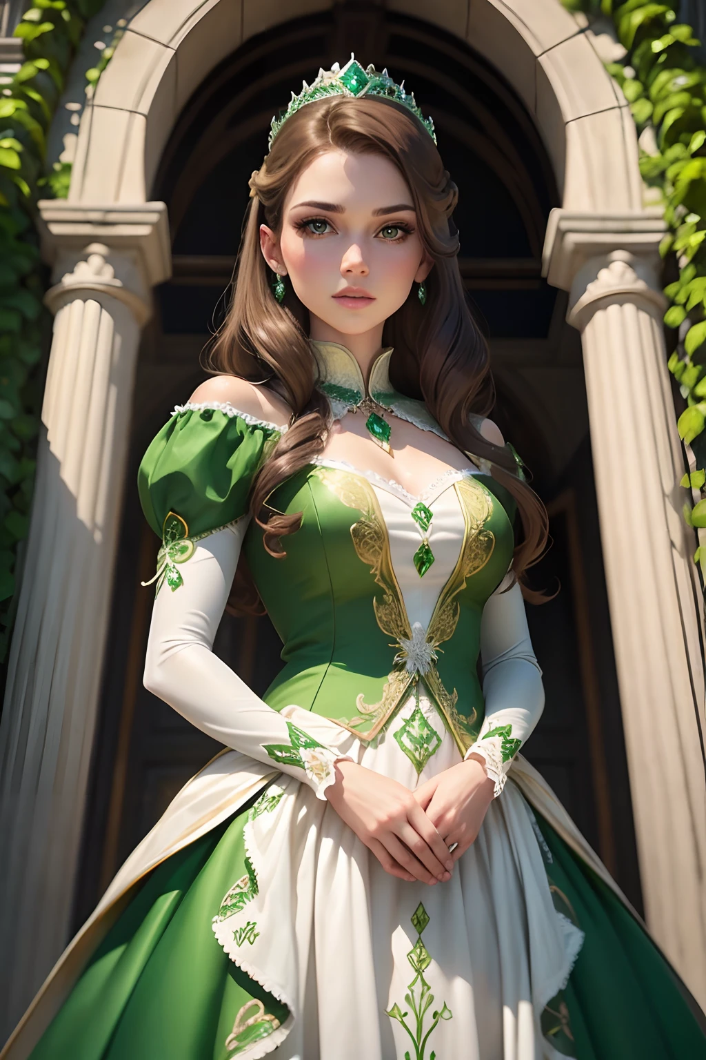 Woman with brown hair, white skin and green eyes, wearing a formal hairstyle, wearing a princess tiara with emeralds (which resemble ivy) wearing a beautiful green and gold princess dress, with ivy-shaped embroidery.