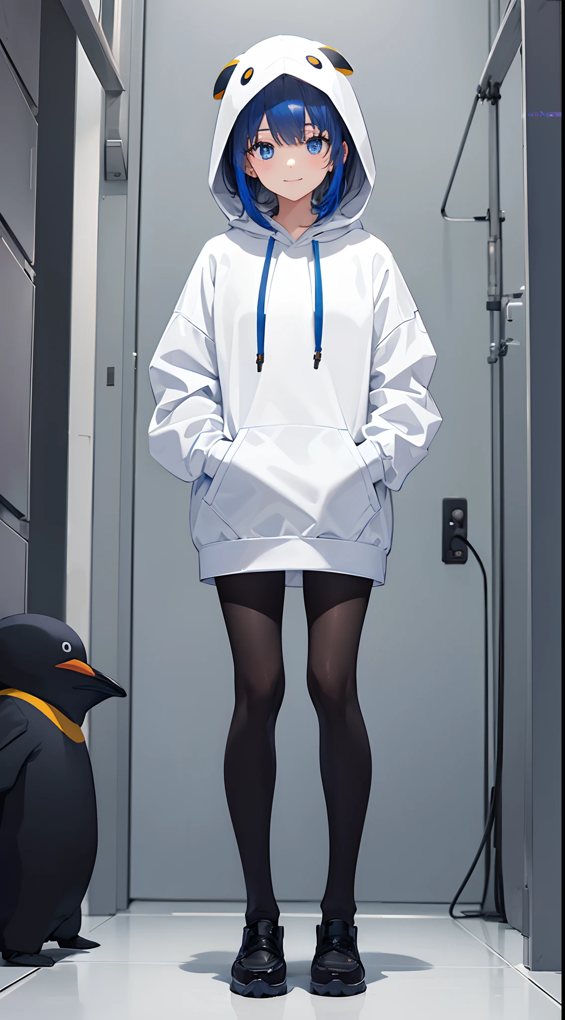 girl with, Please wear a plain white hoodie and hood, The hood has penguin hands.、Standing alone, Facing forward、Hair color is blue、A smile、I'm wearing black tights