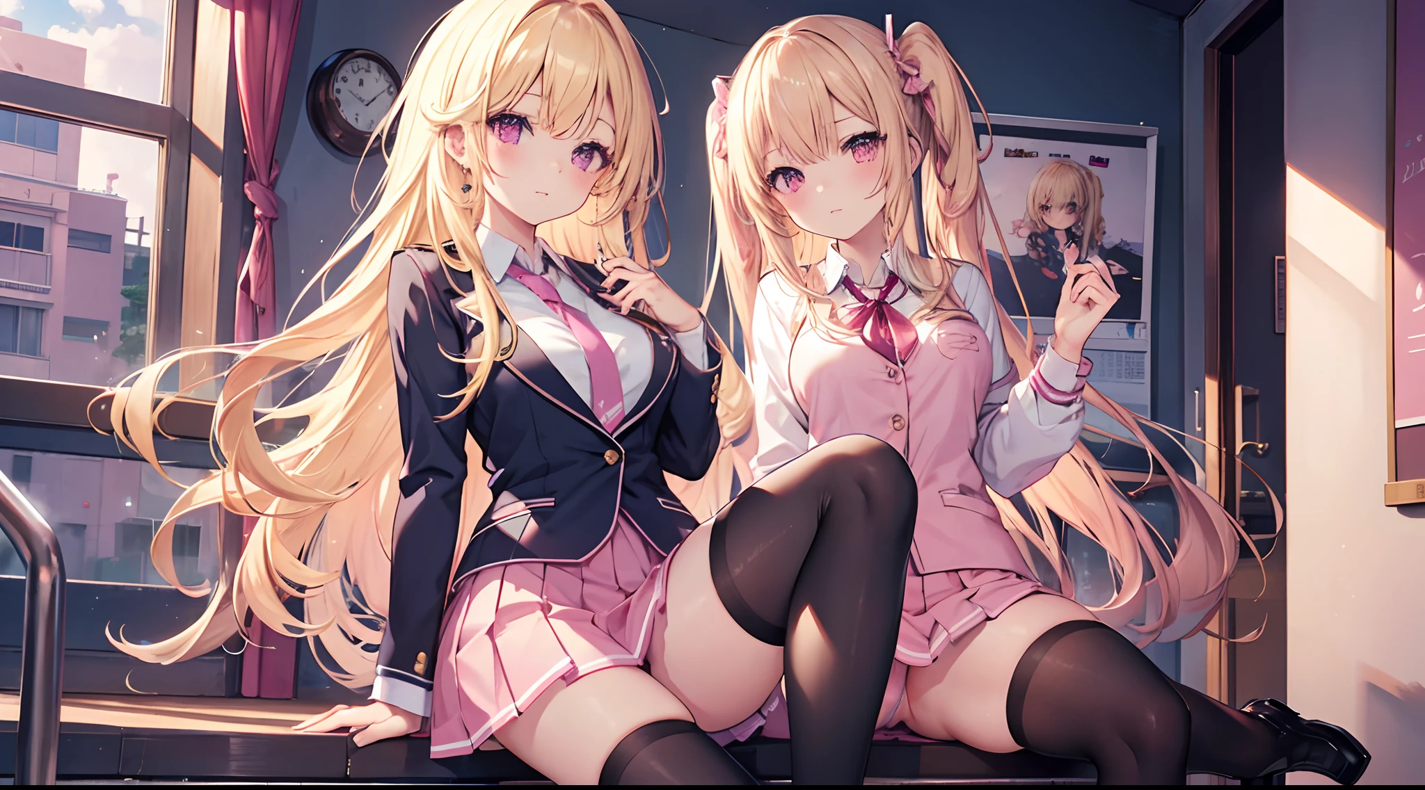 masterpiece, high quality, 1girl, gyaru, blonde hair, pink eyes, school uniform, thighhighs, pink bra