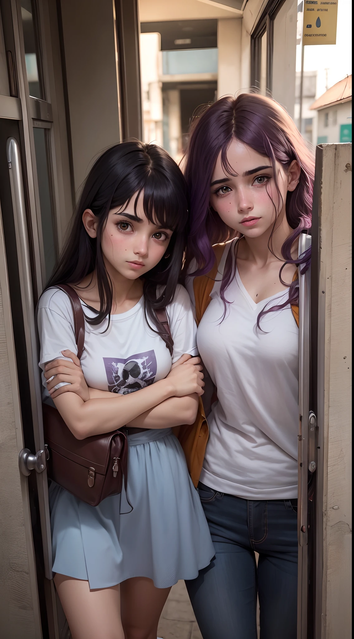 2 garotos, estudantes da faculdade voltando pra casa, 2 garotas, jovens adolecentes indo pra uma casa abandonada, cabelos de cores diferentes