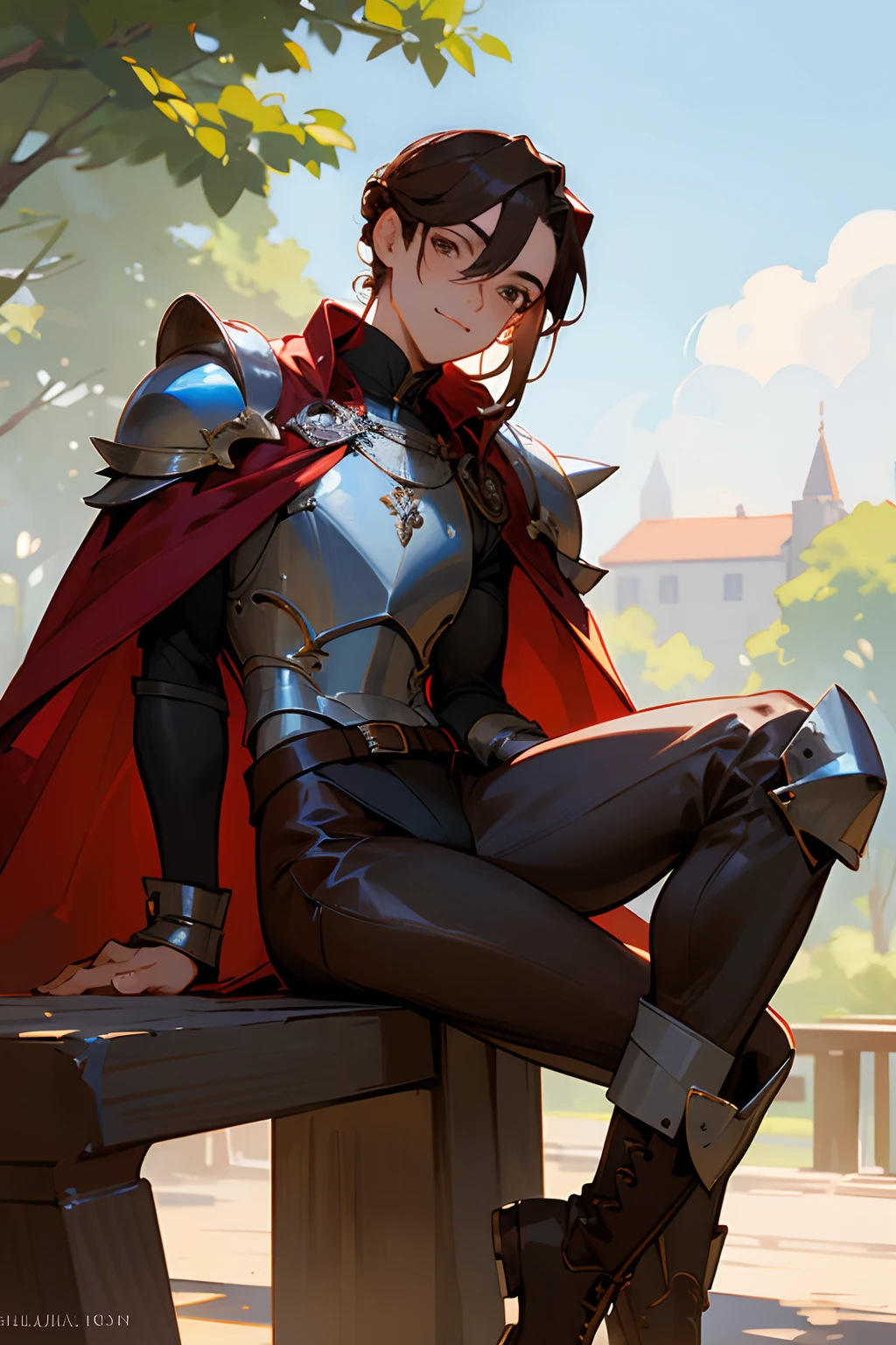 Masterpiece, ultra-high quality, very detailed, trending on ArtStation, 1man, (effeminate), long hair, (brown hair), ((chignon haircut)), looking at viewer, (head tilted slightly upwards), extremely detailed eyes, (brown eyes), blushing slightly, smiling, detailed nose, wearing cape, (red cape), silver knight plate armor, wearing dark brown leather leggings, (groin bulge), ((muscular thighs)), (((detailed leg muscles))), simple black leather laced boots, belt and buckles on waist, actor sitting on a wooden bench, (long sword resting on wooden bench), town square on background, trees on background, blue sky on background, white clouds on background, birds in the distance, sunny ambiance, ambiance light