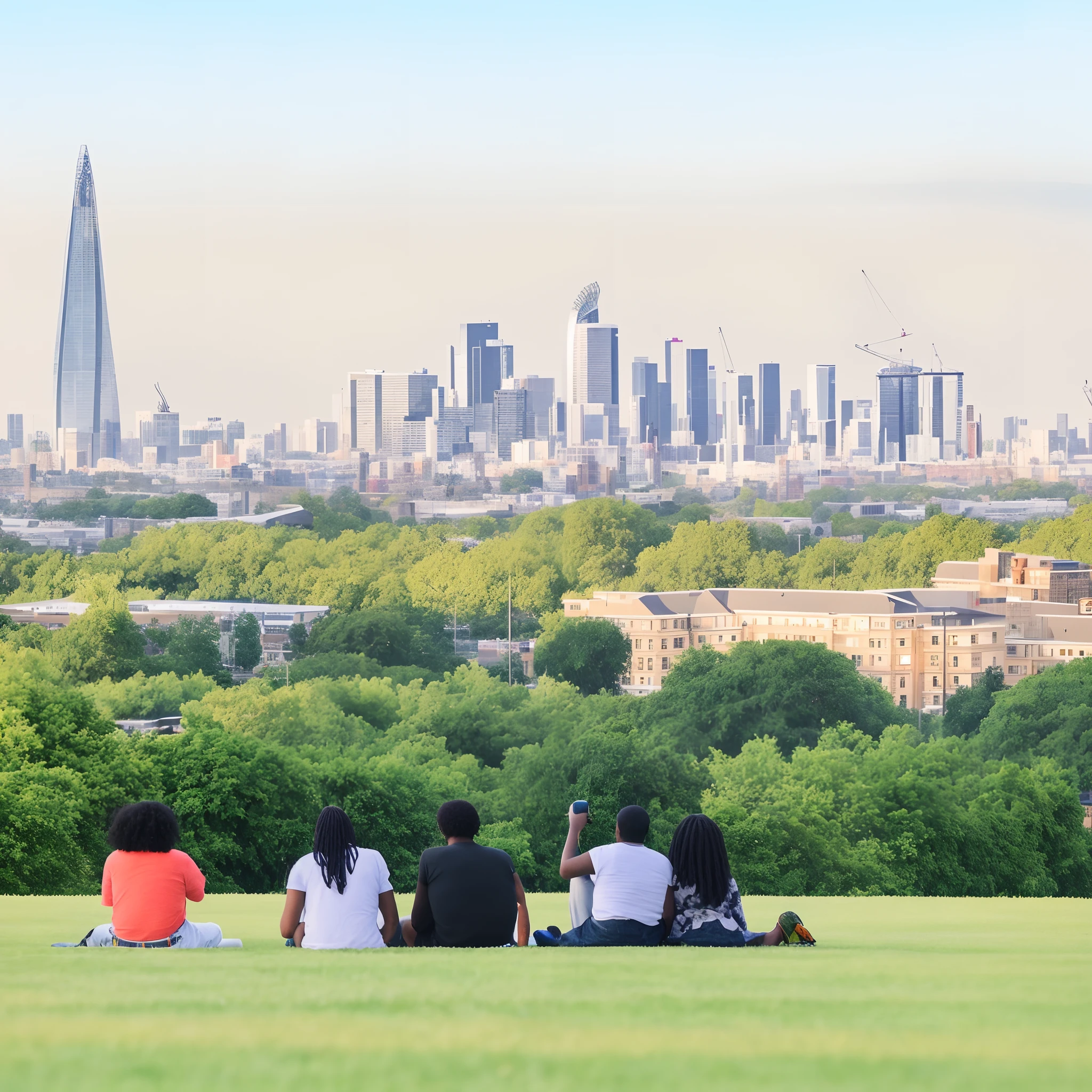 Black and latino people are sitting on the grass in a park with a view of the city, from the distance, view from the distance, skyline in the distance, looking over city, the photo was taken from afar, shot from afar, view over city, from afar, skyscrapers in the distance, 8 k. filling most of the view, seen from afar, city with London and Montreal architecture, Lotte world tower.