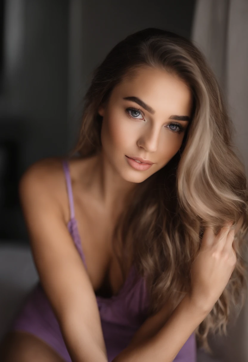 Arafed woman with matching tank top and panties, fille sexy aux yeux bruns, Portrait Sophie Mudd, cheveux bruns et grands yeux, Selfie d'une jeune femme, Yeux de chambre, Violet Myers, sans maquillage, maquillage naturel, looking straight at camera, Visage avec Artgram, Maquillage subtil, Superbe photo du corps entier, dans la chambre, clivage