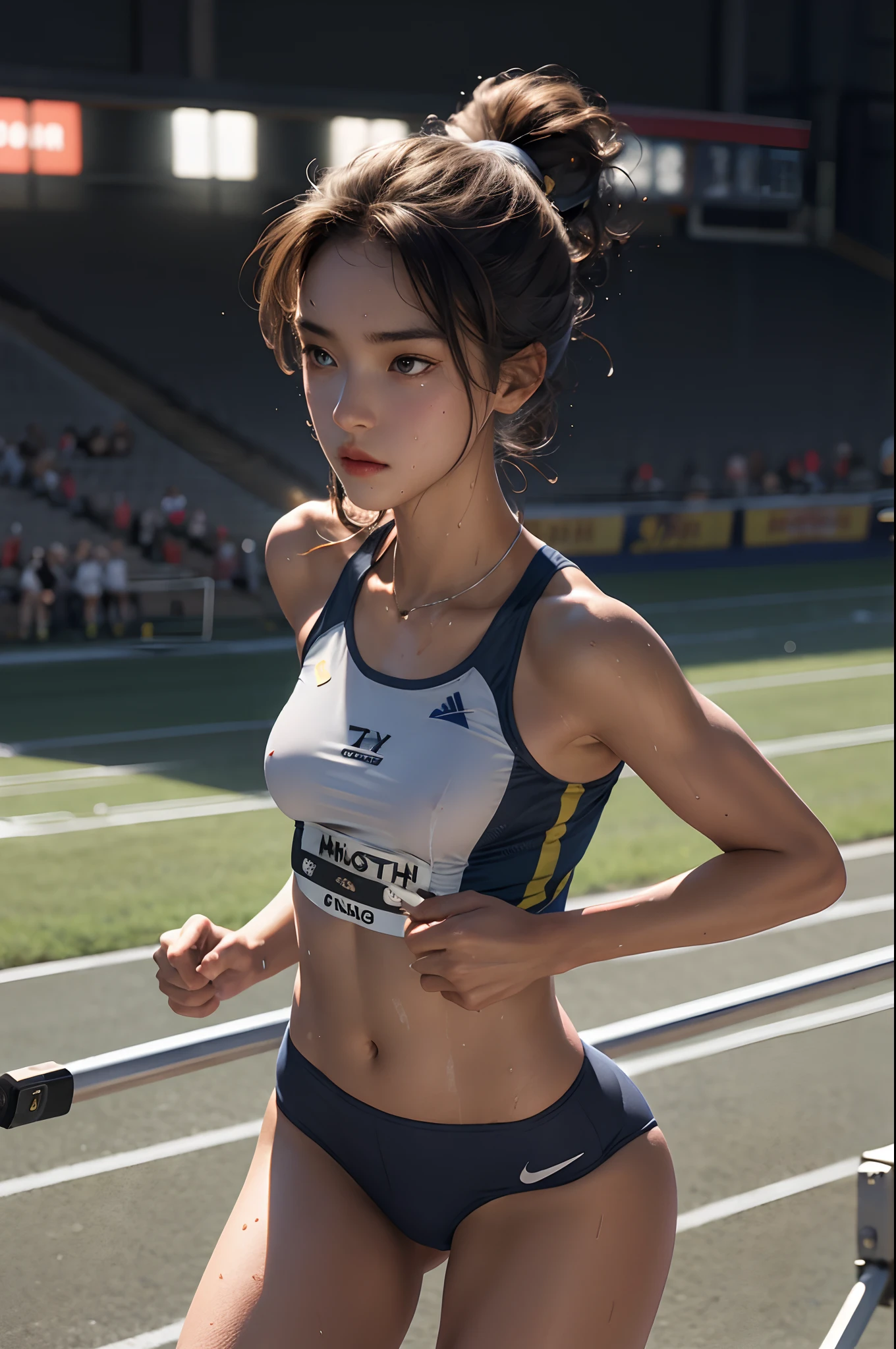 (Best Quality,8K,hight resolution,masuter piece:1.2),Ultra-detailed,Realistic:1.37,Portrait,girl track and field athlete,Teenage girl,small head,Cute,Sporty,Charming face,Detailed beauty face,Very realistic skin,Wet skin,Sweat,Large breasts,Narrow waist,nice legs ,Running,Sporty,track and field,Cinematic lighting,