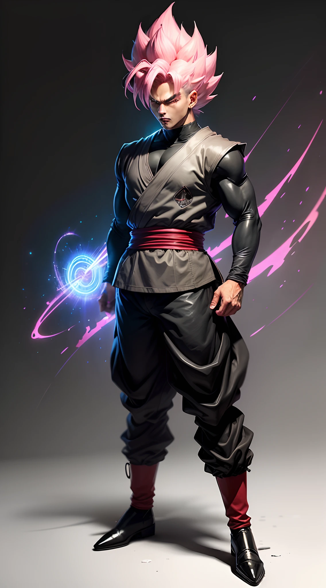 (male), 1man, solo, full body shot, Supreme Super Saiyan, pink hair, black and white clothing, clothing with blue lines, stunning aura, black clothes with gray, lots of Ki energy,