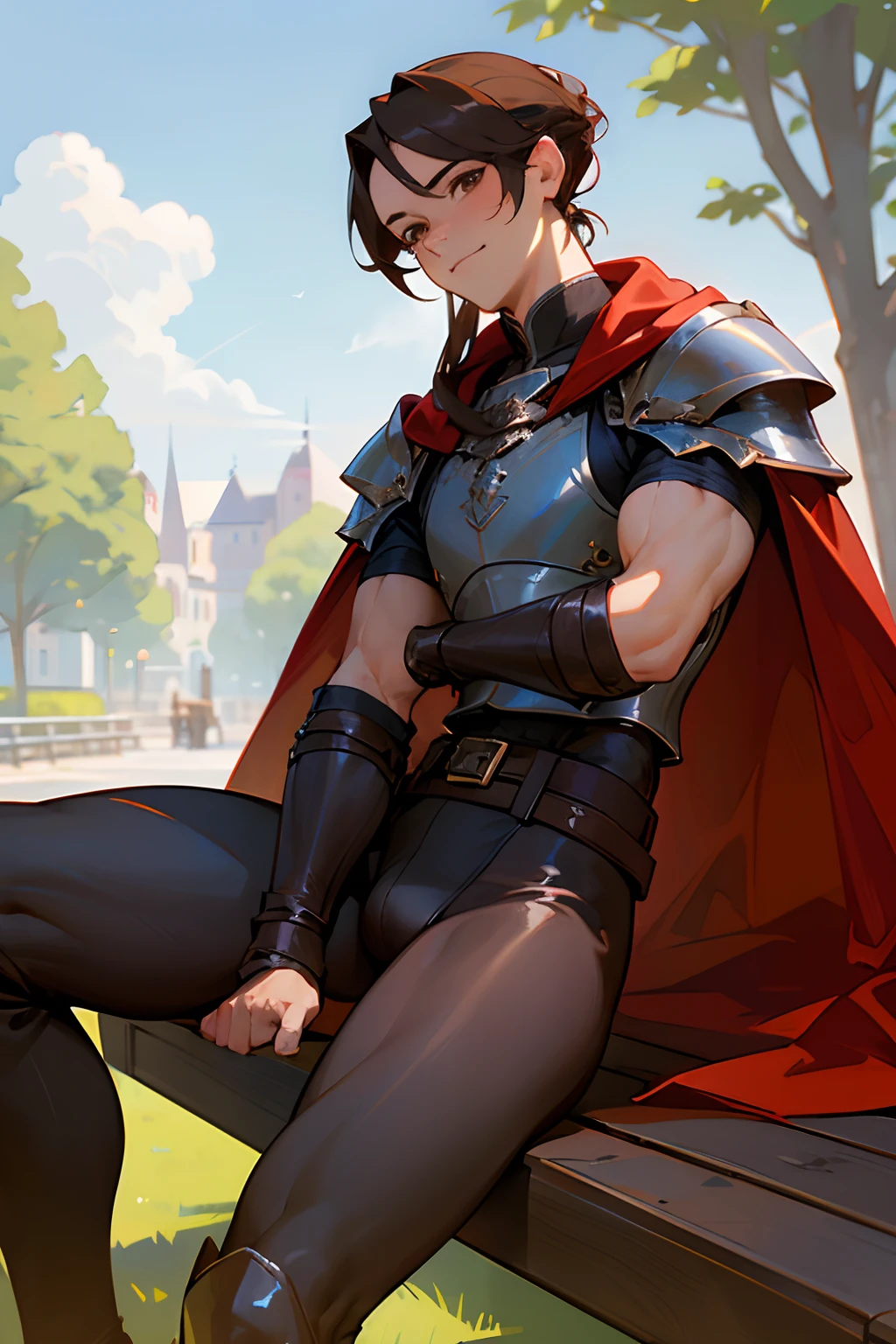 Masterpiece, ultra-high quality, very detailed, trending on ArtStation, 1man, (effeminate), long hair, (brown hair), ((chignon haircut)), looking at viewer, (head tilted slightly upwards), extremely detailed eyes, (brown eyes), blushing slightly, smiling, detailed nose, wearing cape, (red cape), silver knight plate armor, wearing dark brown leather leggings, (groin bulge), ((muscular thighs)), (((detailed leg muscles))), simple black leather laced boots, belt and buckles on waist, actor sitting on a wooden bench, (long sword resting on wooden bench), town square on background, trees on background, blue sky on background, white clouds on background, birds in the distance, sunny ambiance, ambiance light