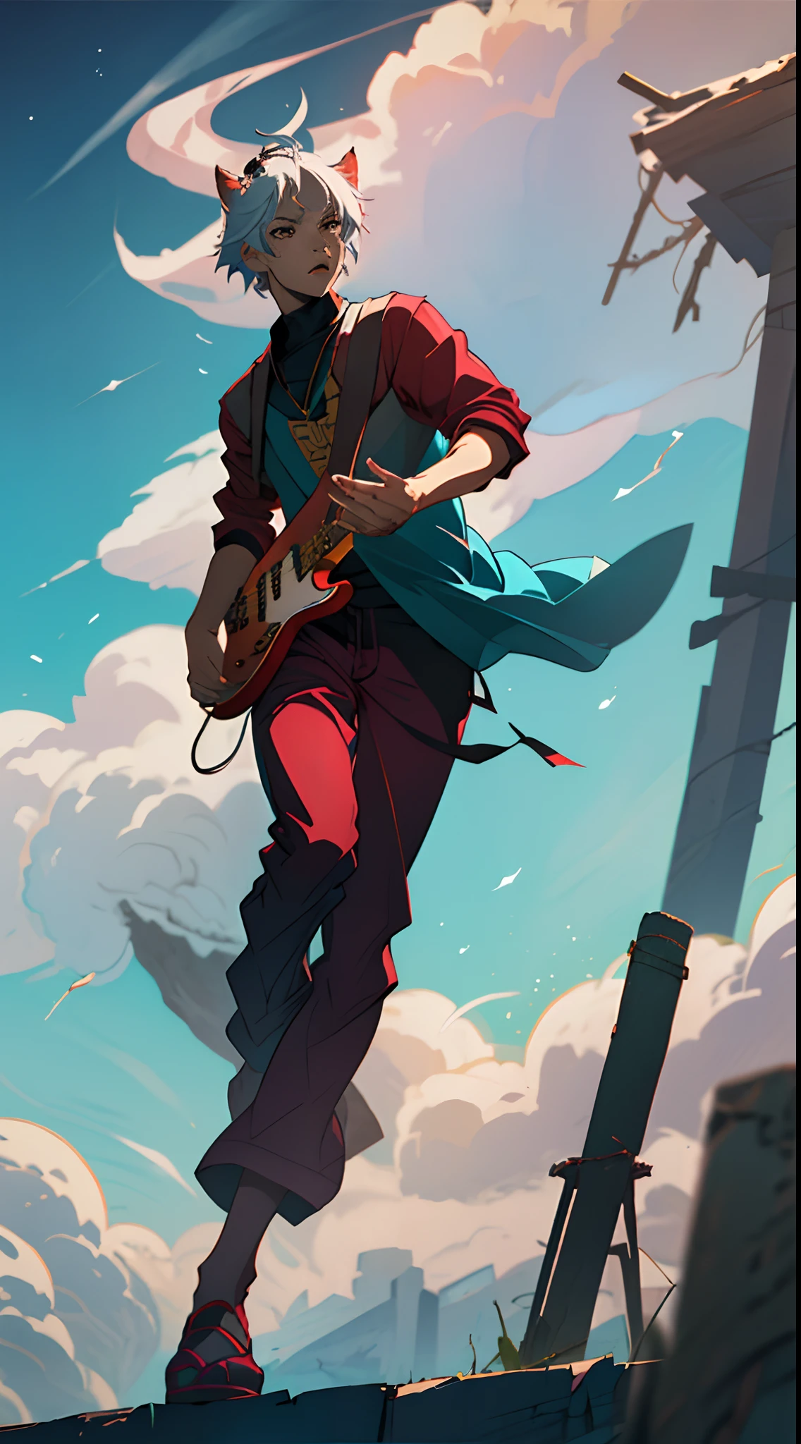 guitarist boy with fox ears, anime style, sky background