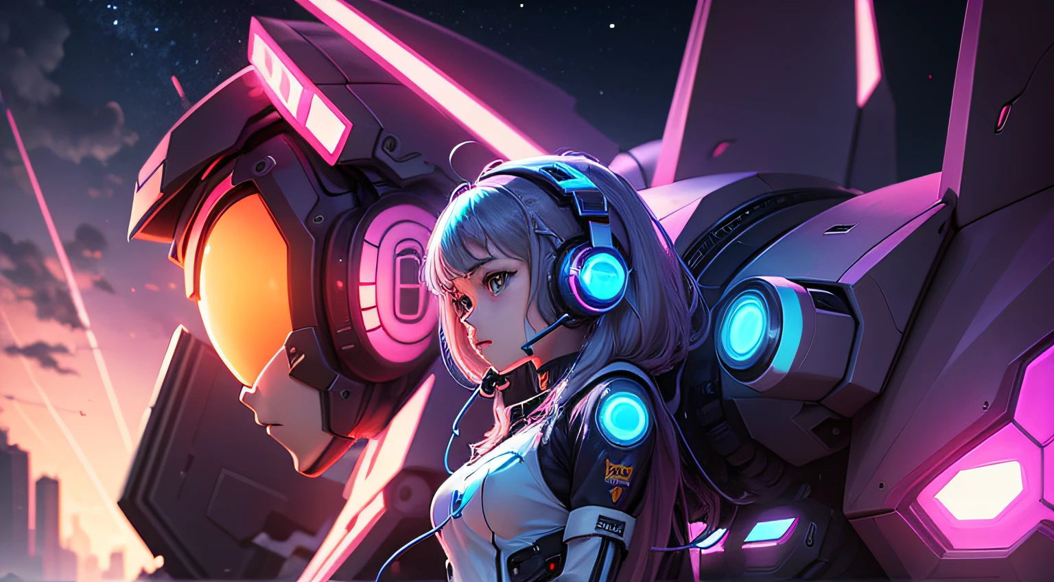 a mecha girl wearing headphones positioned on the right side of the image composition, Fundo musical, cores neon