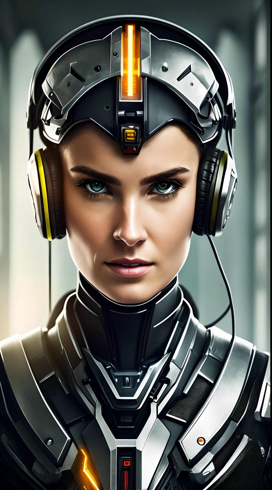 A close up of a woman with a helmet and headphones, symmetric face, facing the viewer, portrait of a cyborg queen, attractive sci - fi face, cyborg woman, scifi woman, cyborg - girl, cyborg girl, beautiful cyborg priestess, cyberpunk robotic elvish queen, cybernetic machine female face, sci-fi female, yellow cyborg eyes, detailed portrait of a cyborg