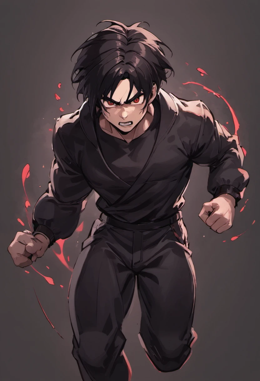 serious dark man, sideways, black hair in black clothes