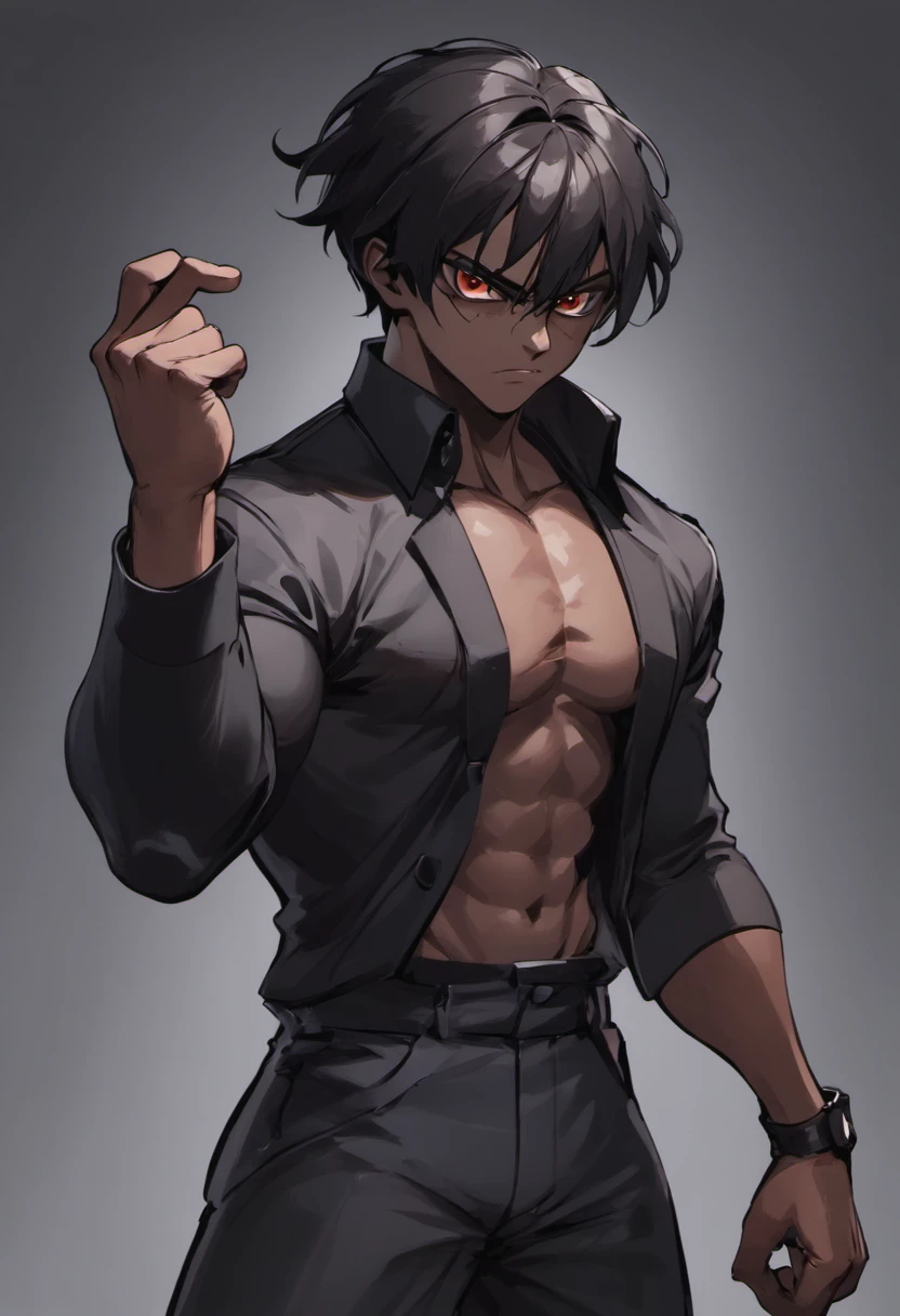 serious dark man, sideways, black hair in black clothes
