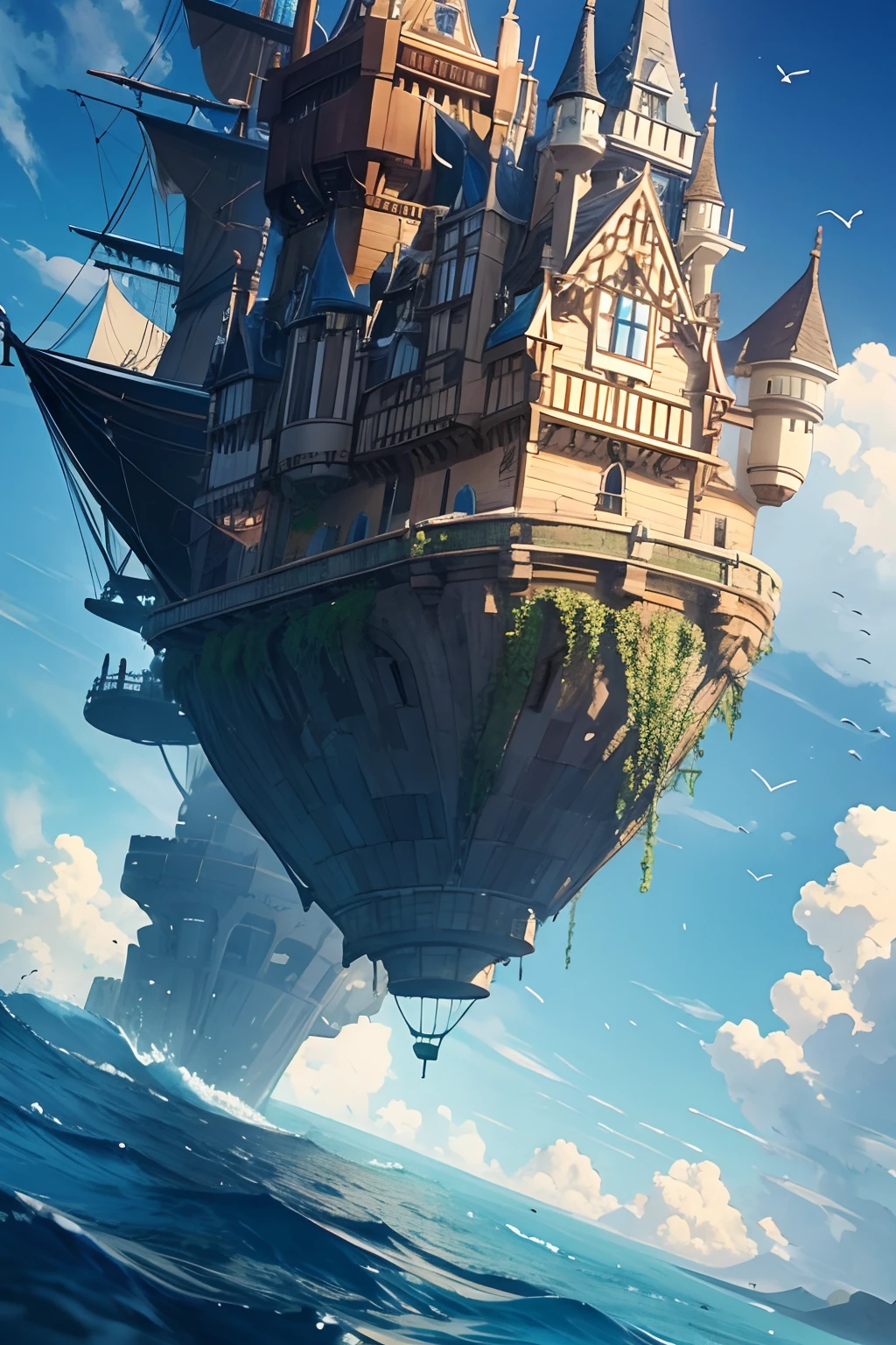 a moving castle build above a flying ship,