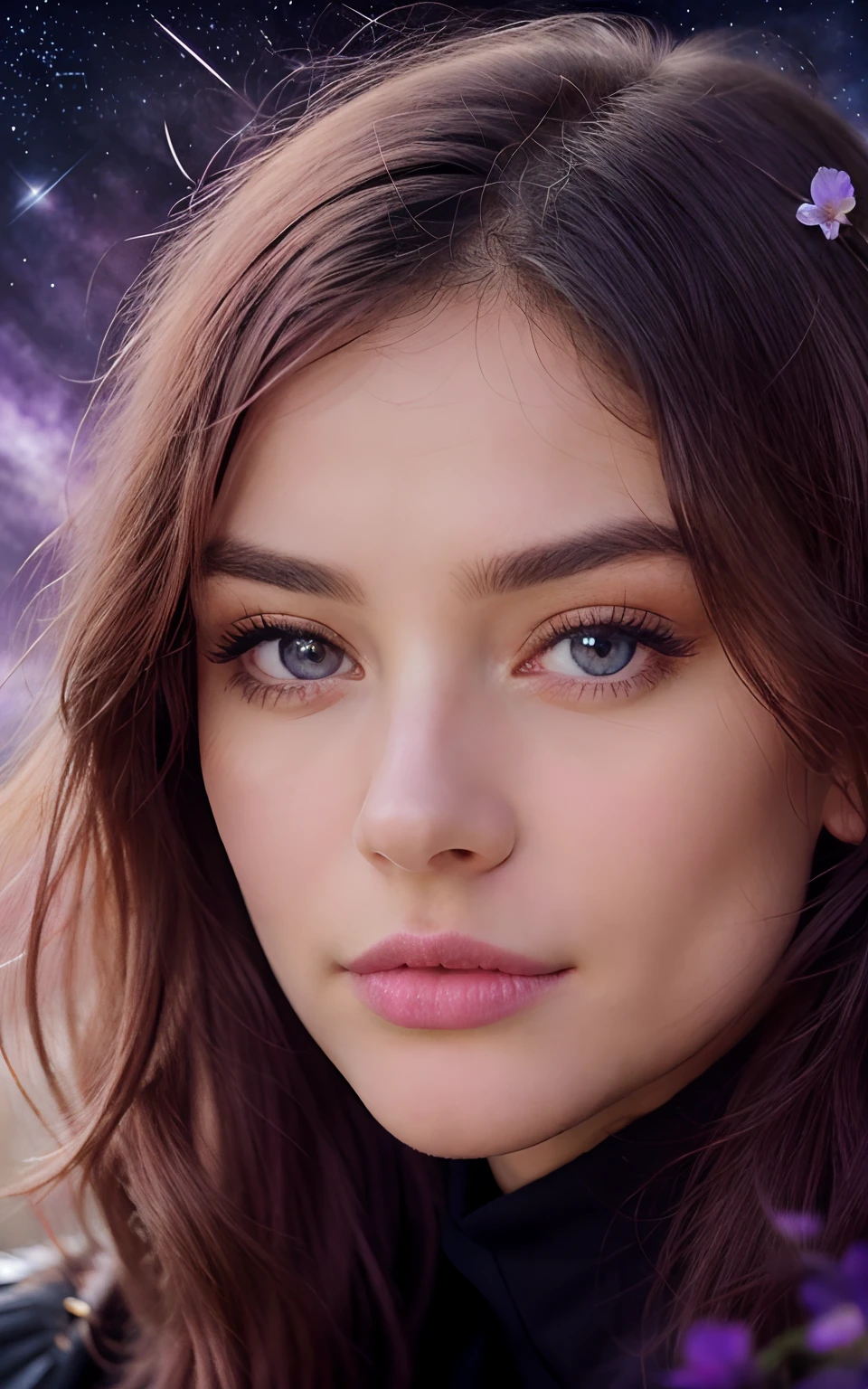 Master part, Best quality, ultra-detailed, illustration, , , 1fille,Seul, Image body, fleur, Regarder le spectateur, , , yeux violets, Yeux de bijou, extremely detailed eyes, extremely detailed face,, , star (ciel), constellation, Purple energy, rampe, meteor, chaud