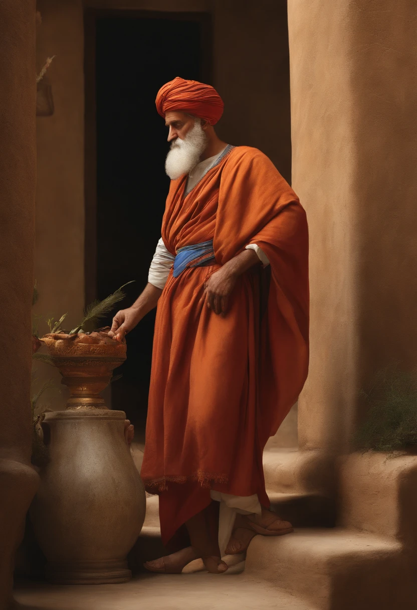 Una imagen realista, Iranian Realist Carefully detailed realist of Pythagoras , Usar ropa larga, Fondo con pilastras persas, caballeros hablando, Highlight what's at the center of the conversation, hiperrealista, Poca luz, 8k