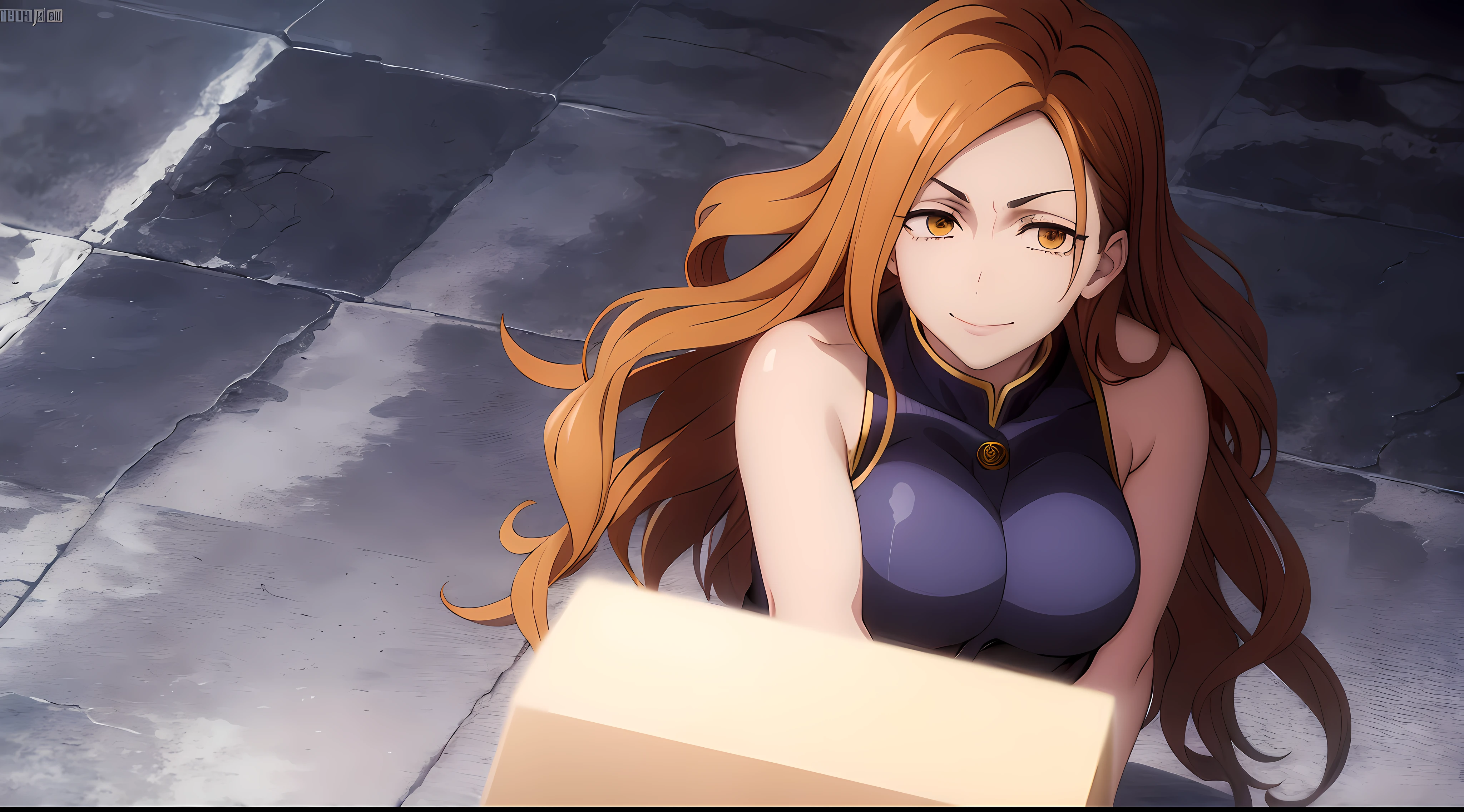 Masterpiece, Best quality, 1lady, ((solo)), tanned skin, ((long wavy curly brown hair)), curly hair, parted bangs, forehead, yellow eyes, confident smile, Jujutsu kaisen uniform, Nobara