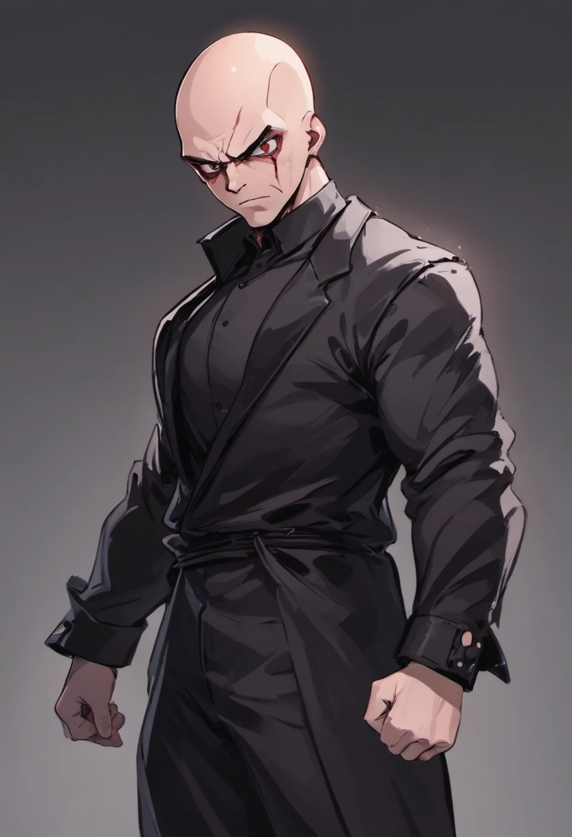 serious gloomy man, sideways, bald in black clothes