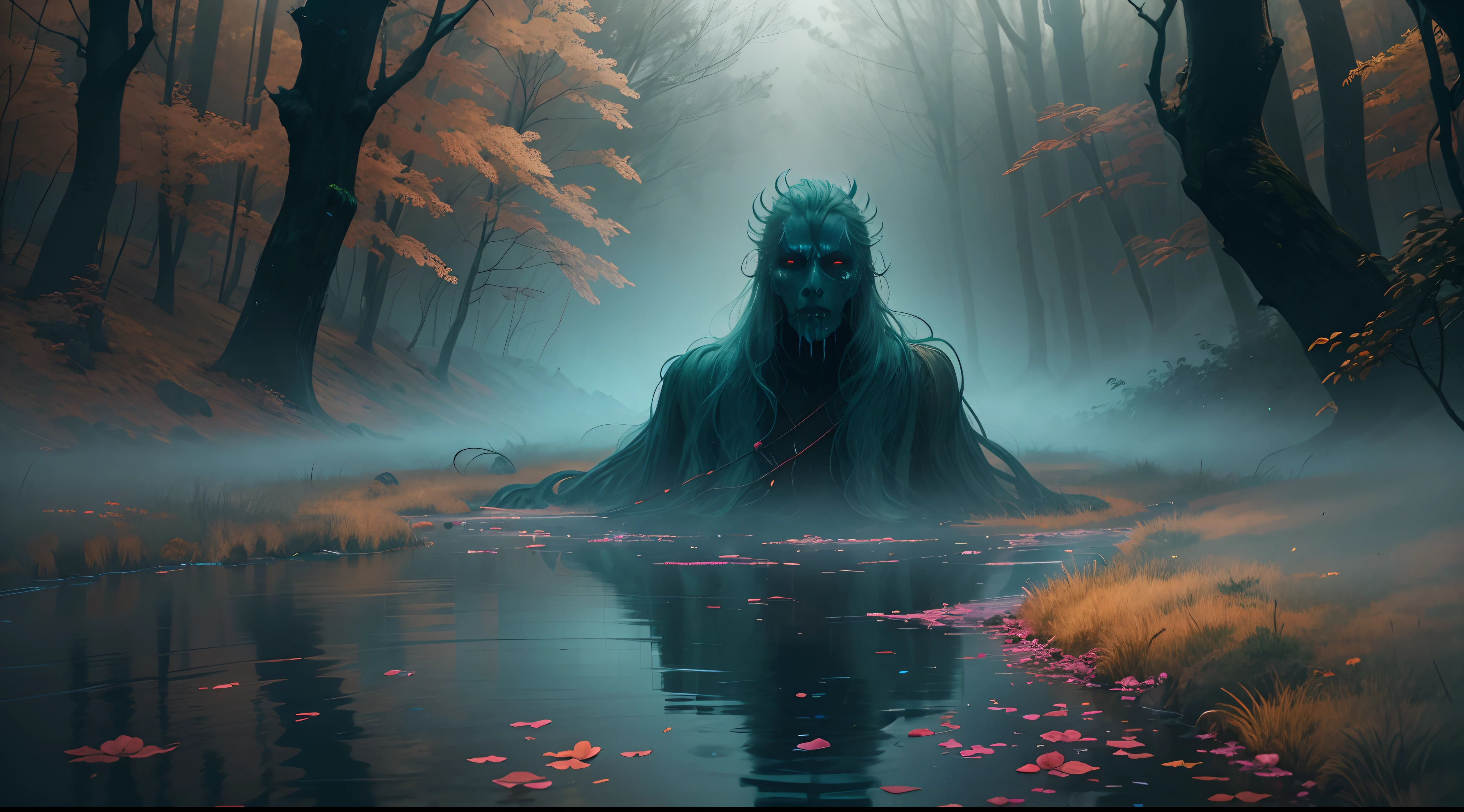 creates ghostly beings of many colors and with bleeding pigmentation, which occurs in a river next to a forest with dense fog, all in 4k definition