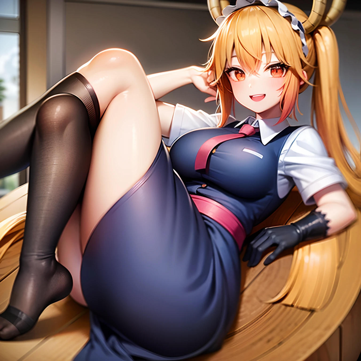 Criar uma arte de personagem tohru, usando um uniforme de major da segunda guerra, with the symbol, Ela deve estar sorrindo, in an office, Nazi symbol on left arm.