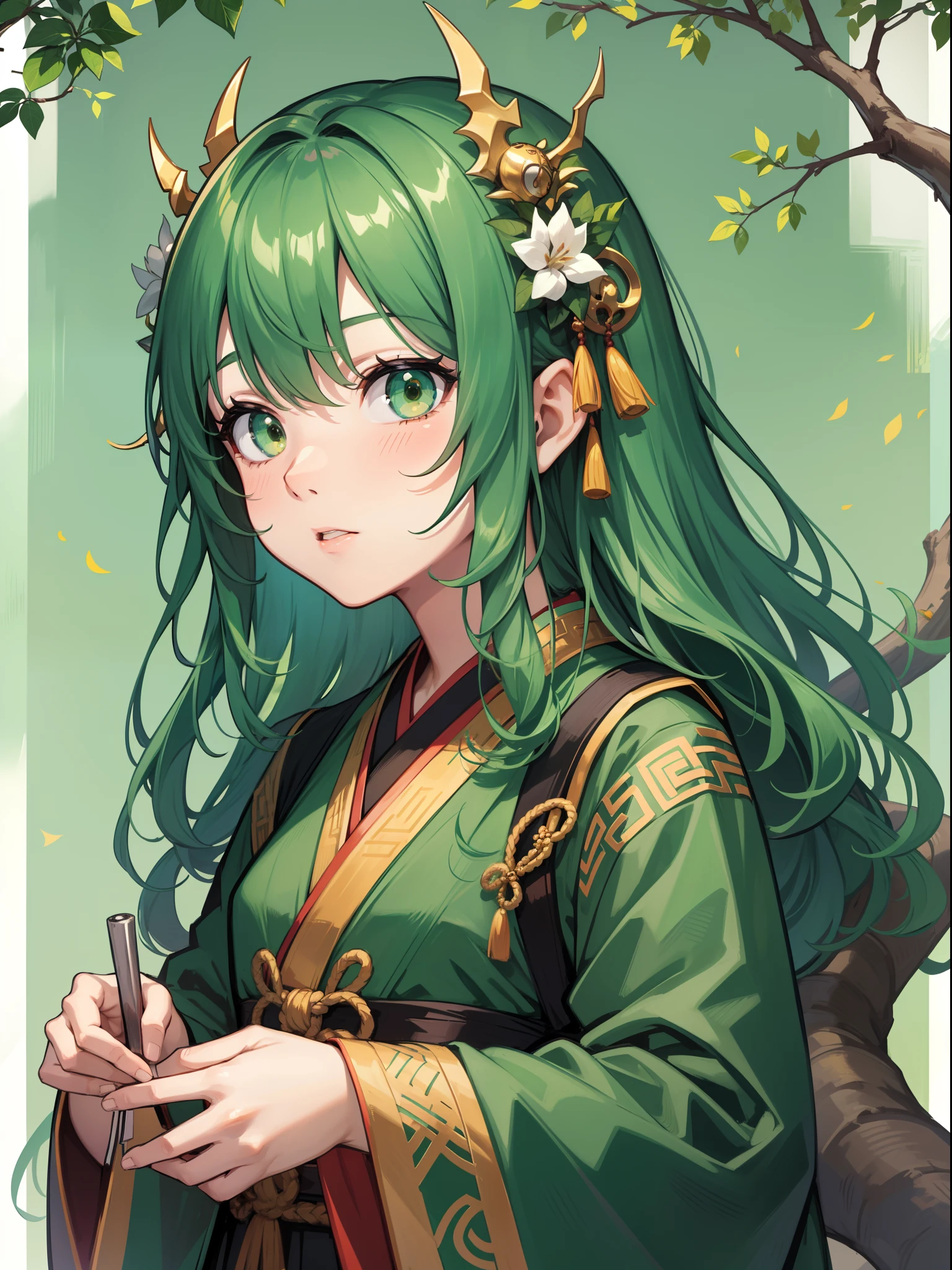 character portrait closeup，sketching，.tchibi，The hair adorns a tree，younge boy，green pupills,full bodyesbian，standing on your feet，Emperor costume，Hanfu，green color，Chinese dragon background，full bodyesbian
