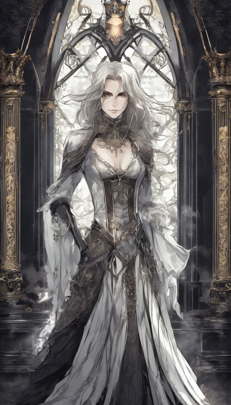 bright and mysterious interior architecture, depth of fields, One-person viewpoint, top-quality, high resolution, highly detailed, high-definition, Focus on the eyes, Antiqstyle, (silver hair: 1.1), (golden eyes: 1.1), big eye,(Fluttering chest:1.4), light rays, Tyndall phenomenon, Strong light shines in, Fallen angel, Black wings, Castlevania, Alucard, male people, male person, Antique victorian clothing, 27yo