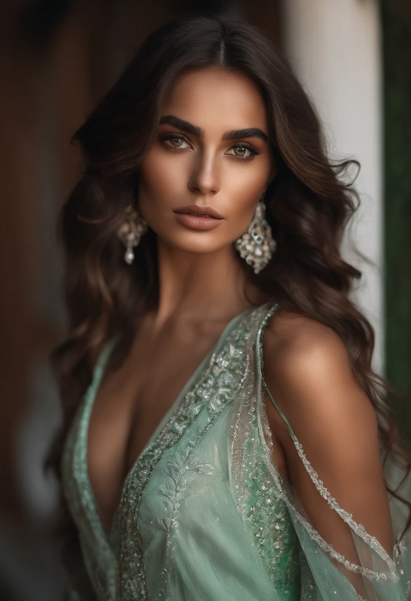 Realistic influencer, brune, yeux vert, marocaine, peau blanche
