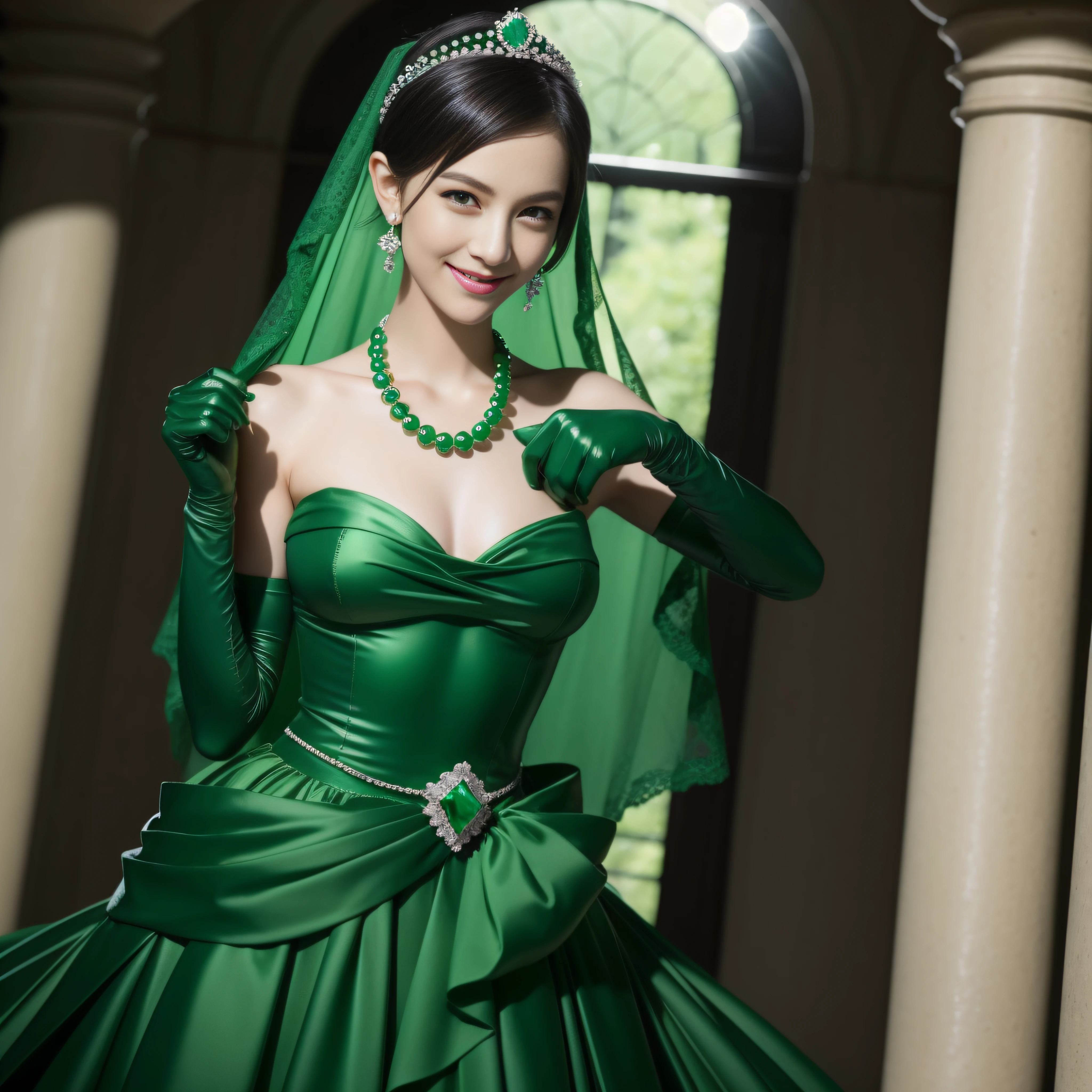 emerald tiara, Green Pearl Necklace, Boyish very short black hair, lipsticks, Japan woman smiling, very short short hair, big breasts beautiful, Green eyes, Long green gloves made of satin material, Green eyes, Emerald Earrings