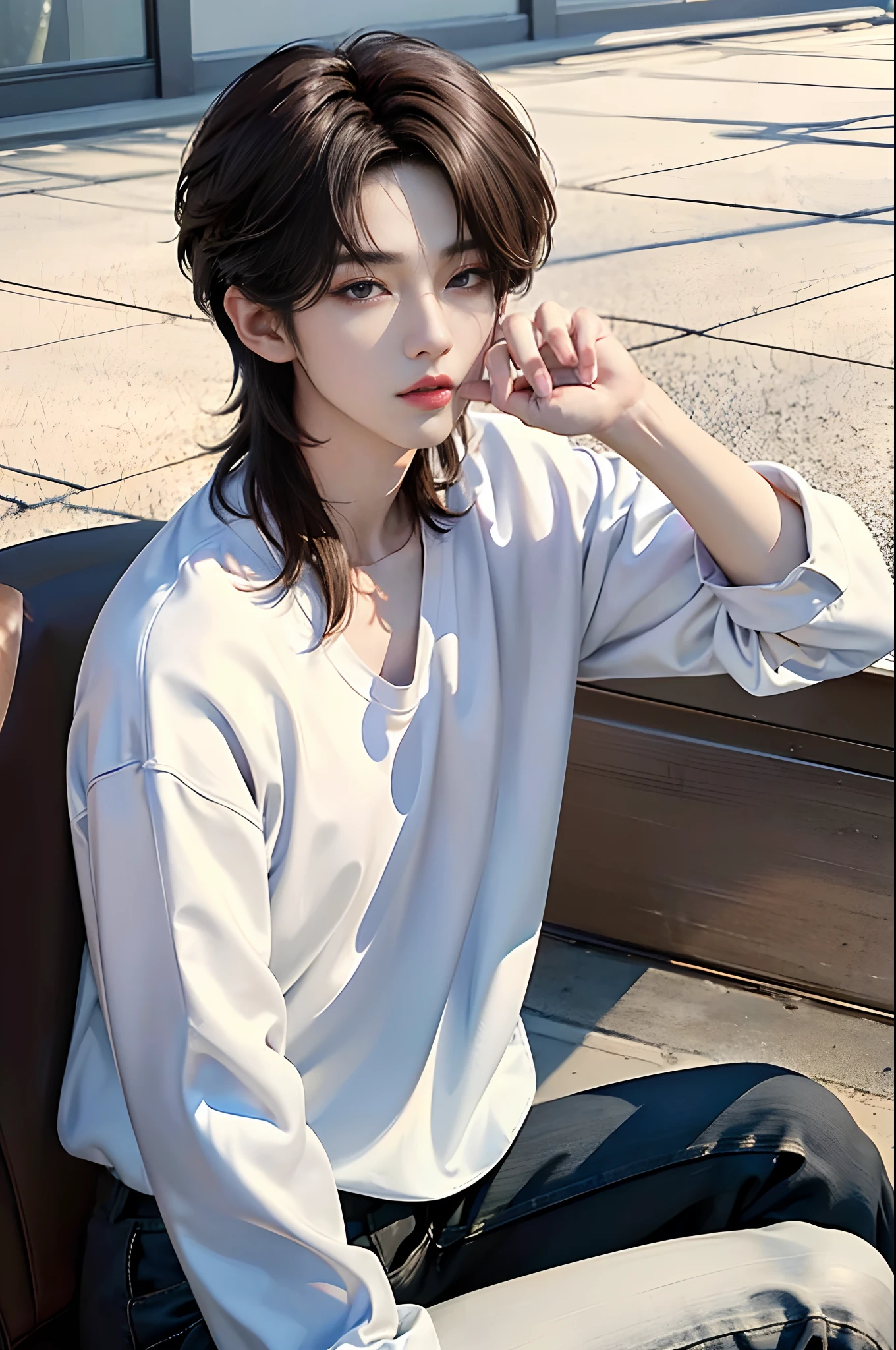 masterpiece、(top-quality)、((high-level image quality))、One Manly Boy、Slim body、((White Y-shirt and long black pants))、(Detailed beautiful eyes)、September Night Road、sitting on a curb、Face similar to Chaewon in Ruseraphim、((short hair above the ears))、((Smaller face))、((Neutral face))、((Light brown eyes))、((Korean boy))、((18year old))、((Handsome man))、((Wild look))、((Korean Makeup))、((elongated and sharp eyes))、((Sit next to the viewer))、((shot from a side angle))、((The upper part of the body))、((Close-range shooting))