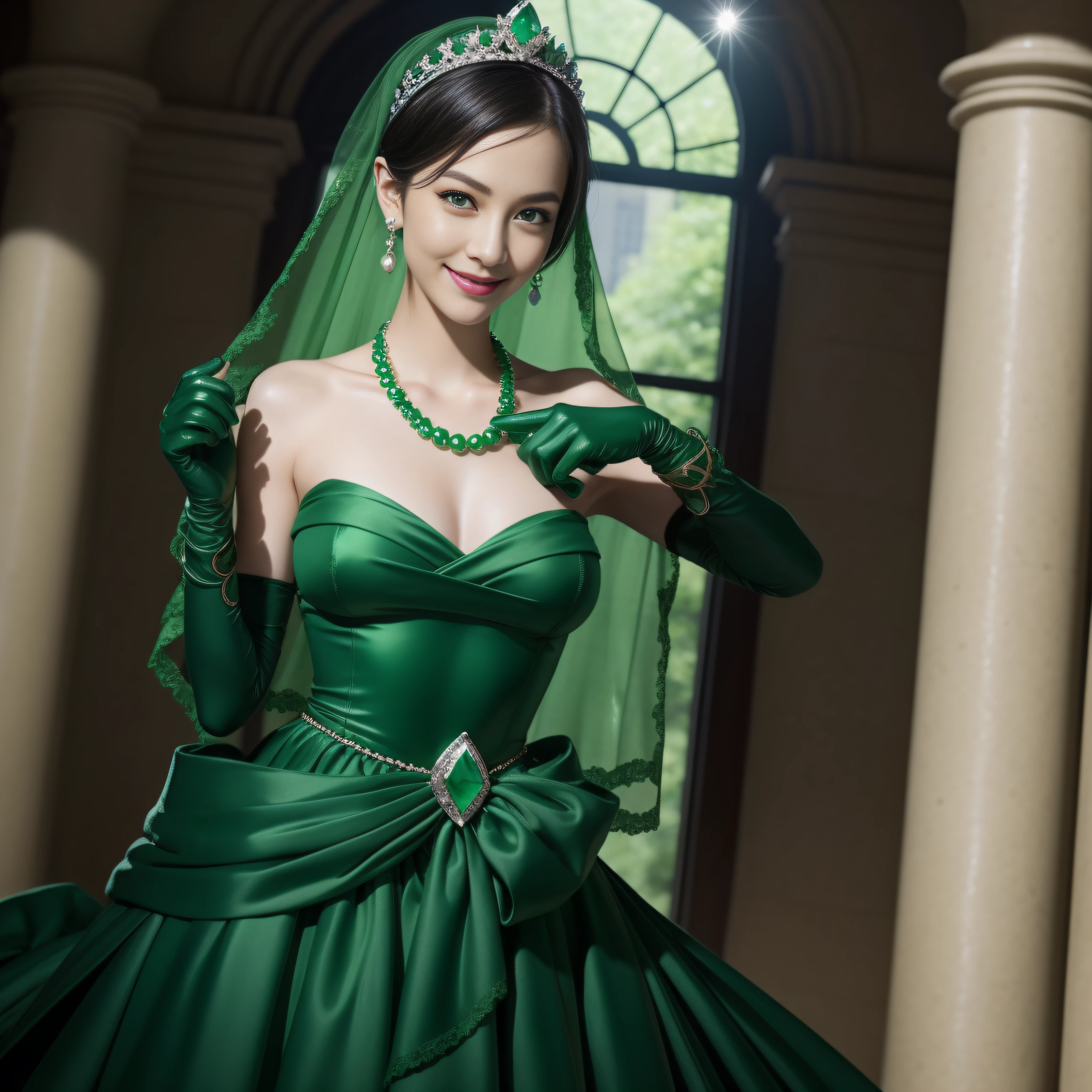 emerald tiara, Green Pearl Necklace, Boyish very short black hair, lipsticks, Japan woman smiling, very short short hair, big breasts beautiful, Green eyes, Long green gloves made of satin material, Green eyes, Emerald Earrings, The tattoo