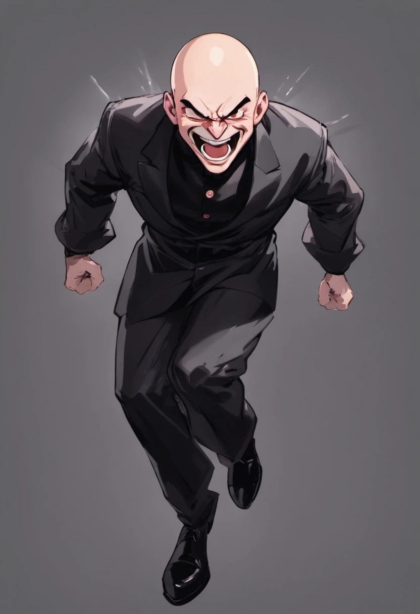 gloomy man laughing, sideways, bald in black clothes