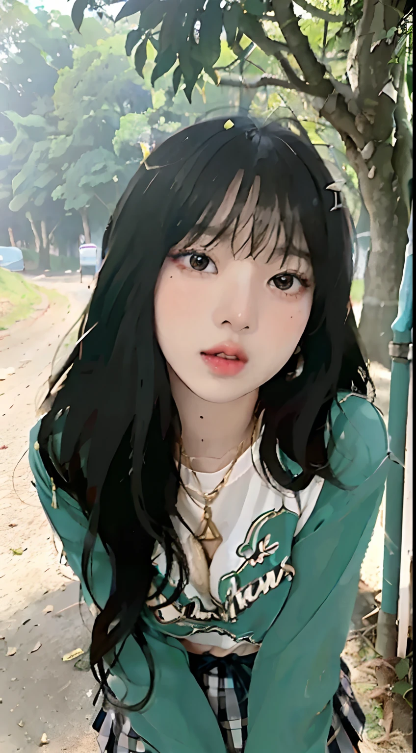 ((Lisa from Blackpink)), t-shirt, tiny pleated skirt, cleavage thighs, black pantyhose to the waist, high heels, close-up from thighs to face, very fair skin, very long hair, wavy hair, camp, forest , photorealistic, indirect lighting, volumetric light, ray tracing, hyper-detailed, best quality, high resolution, HDR, 8k