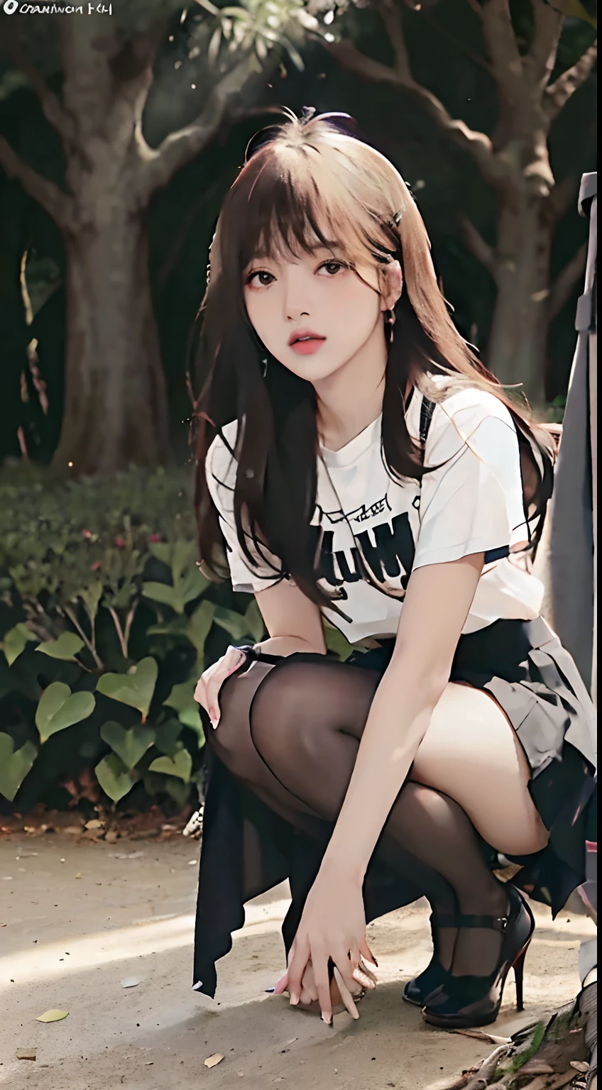 ((Lisa from Blackpink)), t-shirt, tiny pleated skirt, cleavage thighs, black pantyhose to the waist, high heels, close-up from thighs to face, very fair skin, very long hair, wavy hair, camp, forest , photorealistic, indirect lighting, volumetric light, ray tracing, hyper-detailed, best quality, high resolution, HDR, 8k