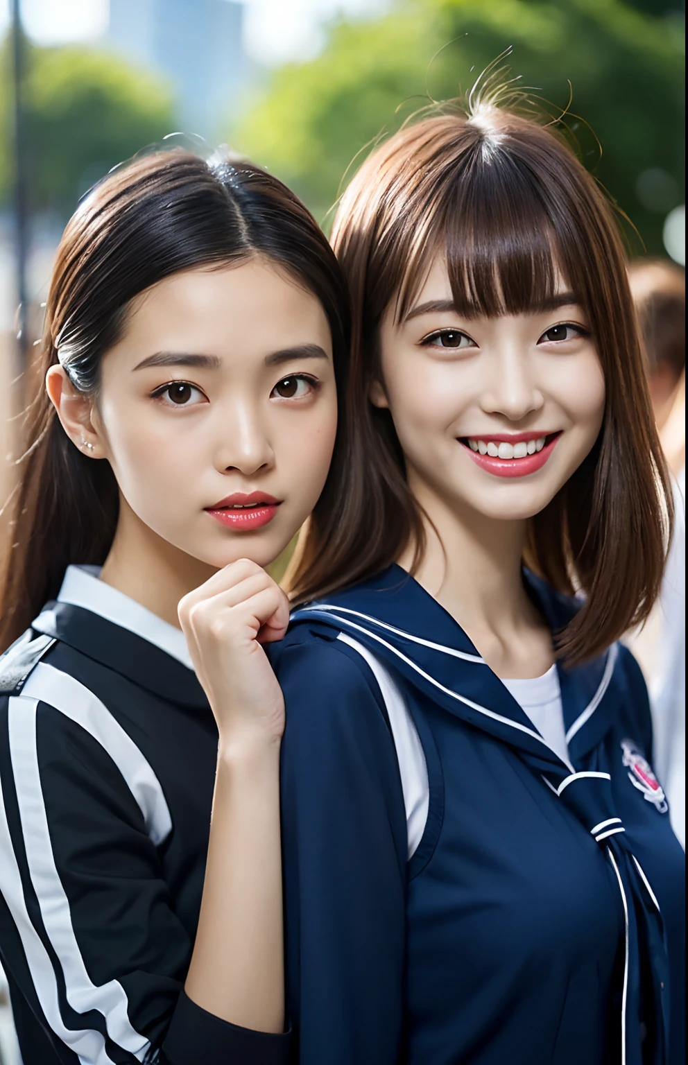 (8K、Raw photography、top-quality、masterpiece:1.2)、ultra-detailliert、ultra res、(hyper realisitic:1.4)
BREAK
((Photo of a group of young girls standing next to each other)), 4 Live-action movies of Japan girls, 4 Japan girls, wearing a swimming wear, (((Four girls posing with the back of their hands showing, hold fists)), Beautiful female proofreading reflecting in light、amazing detailed、Beautiful girls in very detailed、Faces with different patterns、Different face patterns、Each hairstyle has its own characteristics、Hair color shining with clean light, Brown hair shining in the light、One has a ponytail、、Modern cute high school girl、very detailed faces very detailed eyes、Very realistic skin、 extremely detailed fingers, highly detailed nose, highly detail mouth, Highly detailed sailor suit、The details of their hair and uniforms shine through、Burning teeth and smiling、Realistic body, de pele branca, glistning skin, Slim body, Long straight hair, (Blunt bangs:1.2),