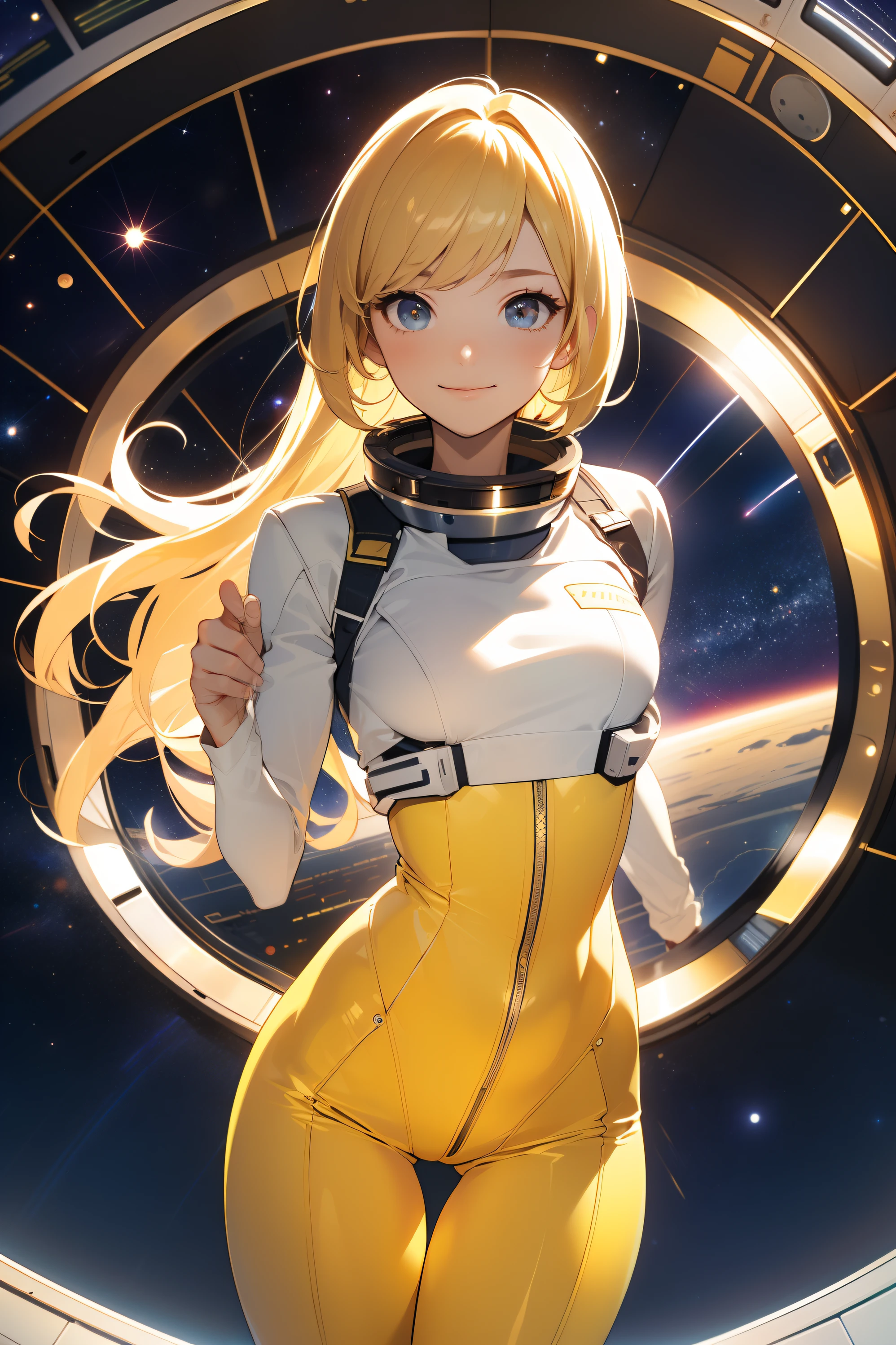 (masterpiece, best quality:1.2), (cowboy shot:1.1), solo, 1girl, mori yuki, slight smile, closed mouth, looking at viewer, blonde hair, thigh gap, yellow bodysuit, skin-tight, perfect body, belt, long blonde hair, large window, (starship porthole:1.3), from front, (spread legs:1.3), (standing:1.1), thigh gap, perfect hands, bright starship interior, (outer space view:1.1), (orbital view:1.3), (night, stary sky:1.5), milky way