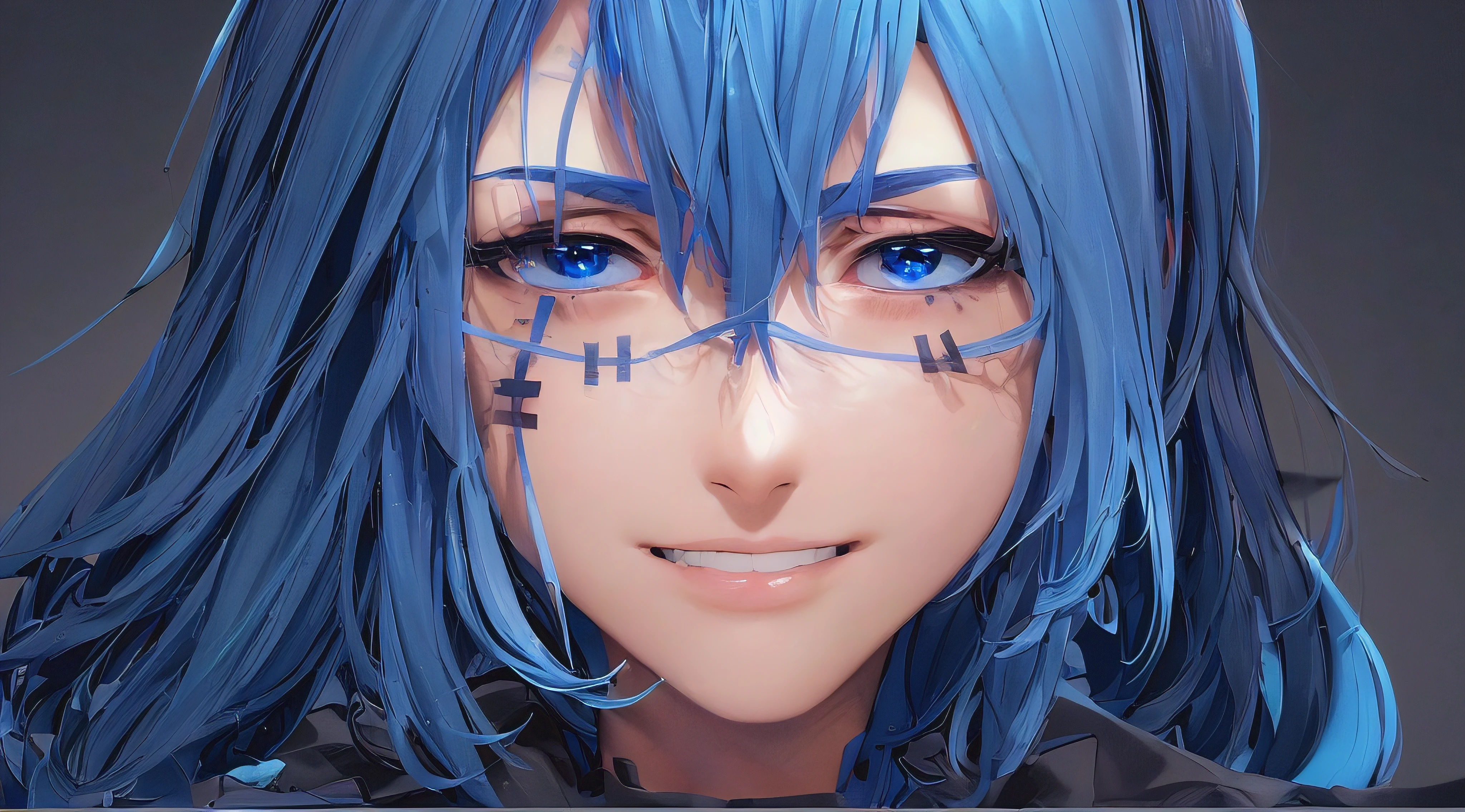 (masterpiece:1.2, best quality), (finely detailed beautiful eyes: 1.2),1man, 1boy, (extremely detailed CG unity 8k wallpaper, masterpiece, best quality, ultra-detailed, best shadow), (beautiful detailed face, beautiful detailed eyes), mahito, jujutsu kaisen (japanese clothes:1.1, black eyes, blue hair, (best illumination, an extremely delicate and beautiful), mahito, black tshirt, blue hair, detailed hair, detailed eye, scar on face, blue hair, black tshirt, smile in face