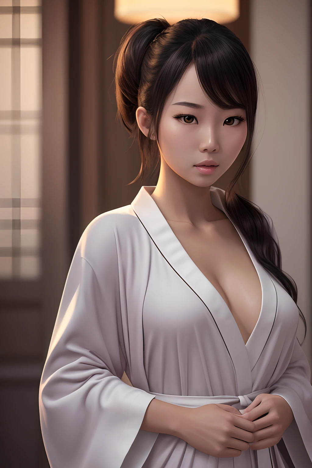 young asian mixed female, dynamic images, ultra-realistic, pretty, inviting facial expression, wearing a robe, showing no skin. --auto --s2