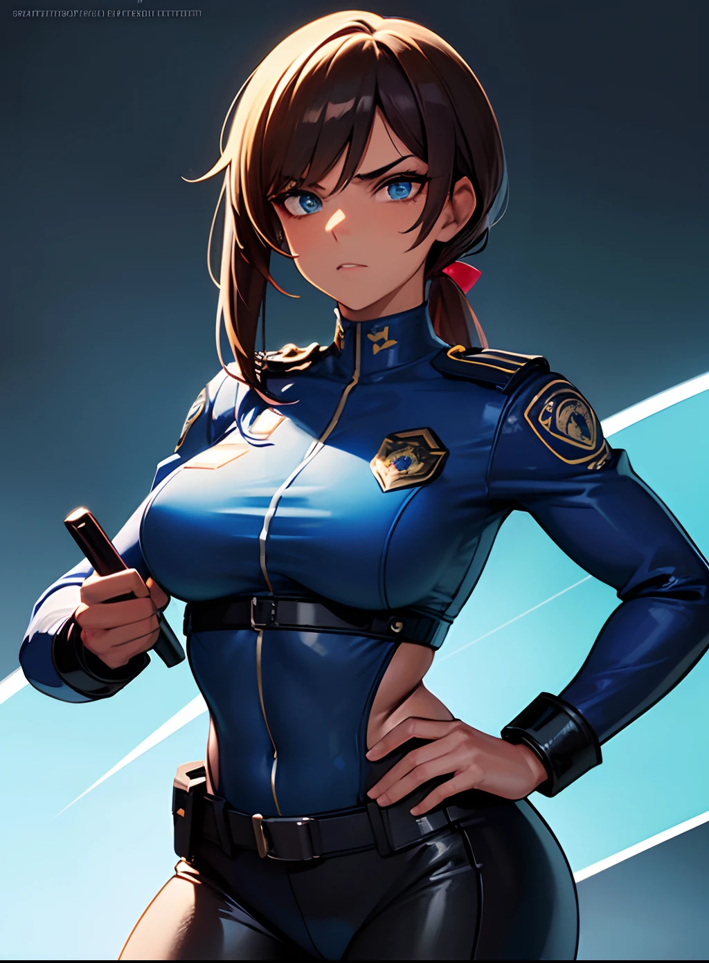 1 girl, sfJuli, (blue eyes, brown hair, hat, necktie, gloves, ribbed bodysuit), 