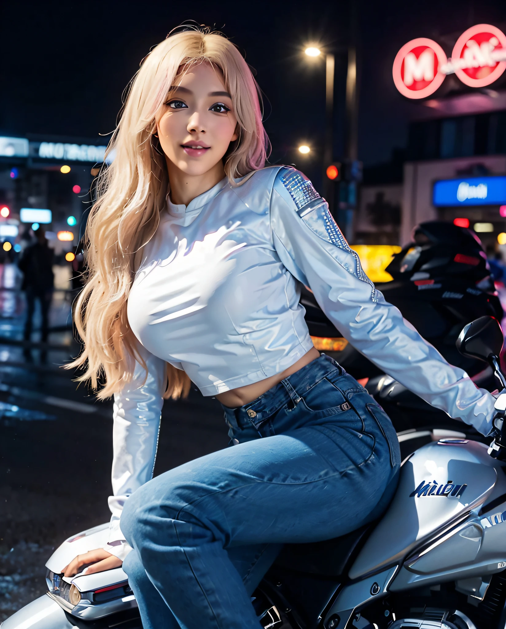 1girl in, (blaue Augen), sexy smiling, ((Im Namen von Minaj)), wide hips, big breasts, Big butt, (best quality, 8K, Masutepiece: 1.3)), Klarer Fokus: 1.2, Perfect Body Beauty: 1.4 , Slim abs: 1.2, wet body: 1.5, Hochdetaillierte Gesichts- und Hautstruktur, Detaillierte Augen, Doppelte Augenlider, lange blonde Haare, (White long-sleeved shirt and black motorcycle jacket), (Jeans Hosen), (Motorrad fahren :1.4), Nachts in der verschneiten Stadt