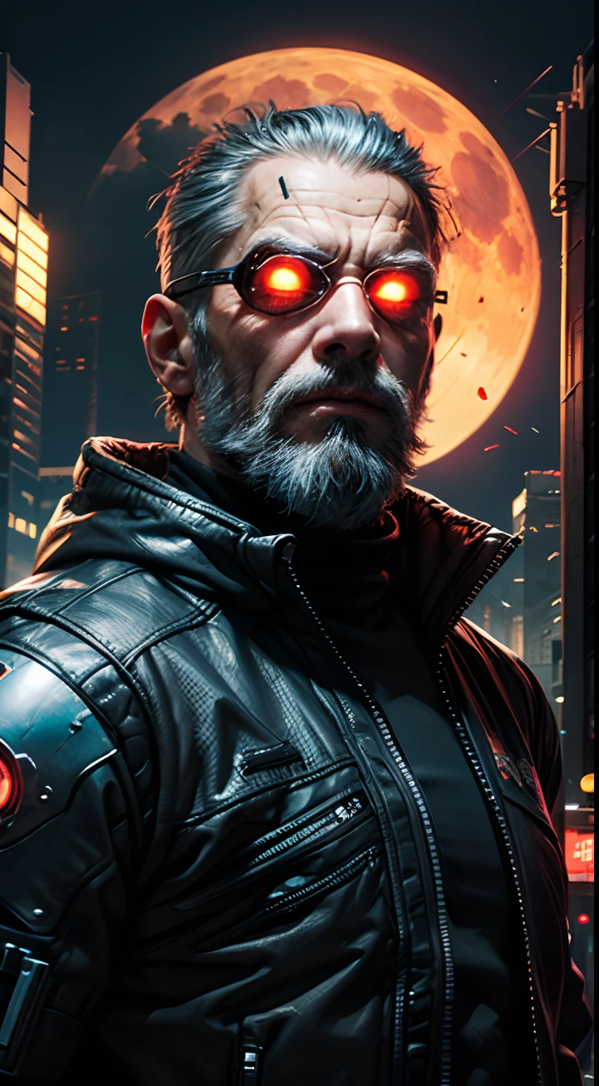 Terminator (DC comics) Adult male, eye patch on right side, gray hair and gray goatee, black and orange tactical suit, expressive face, unreal engine 5, 8k.