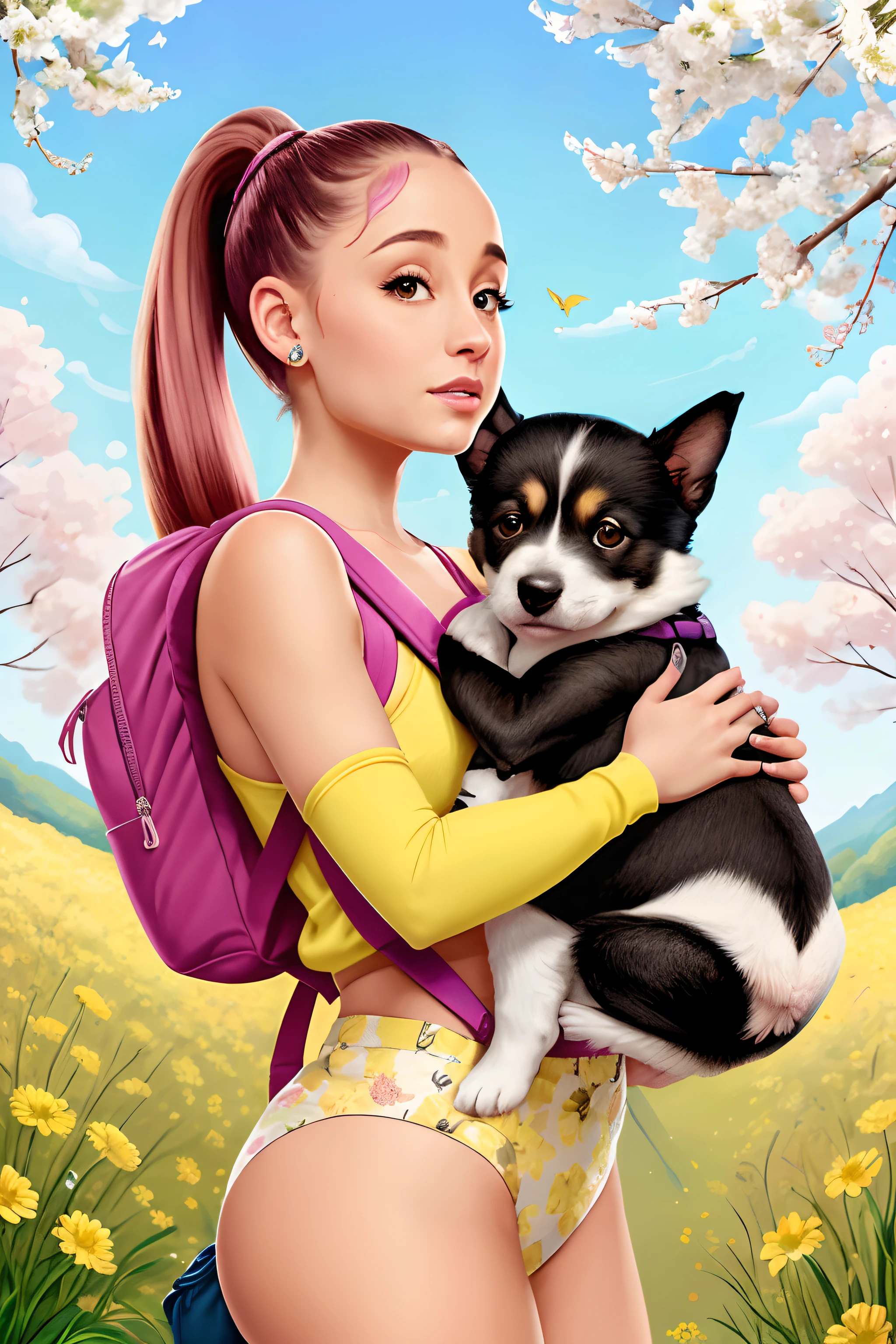 Dica: Uma mulher muito charmosa com o rosto da Ariana Grande, holding a backpack and her adorable puppy enjoying a beautiful spring walk surrounded by beautiful yellow flowers and nature. The illustration is a high-definition illustration in 4K resolution with highly detailed facial features and cartoon-style visuals.