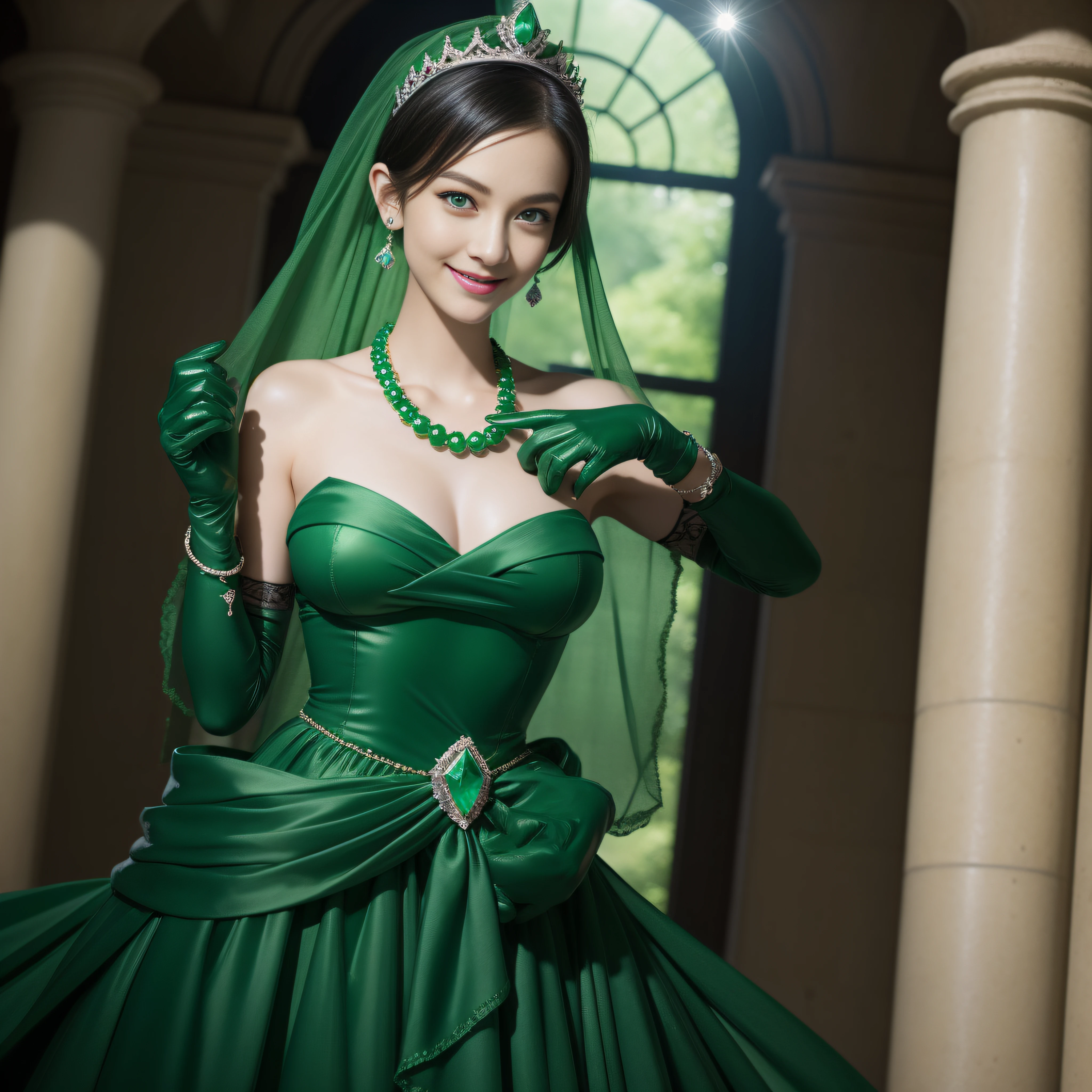 emerald tiara, Green Pearl Necklace, Boyish very short black hair, lipsticks, Japan woman smiling, very short short hair, big breasts beautiful, Green eyes, Long green gloves made of satin material, Green eyes, Emerald Earrings, The tattoo