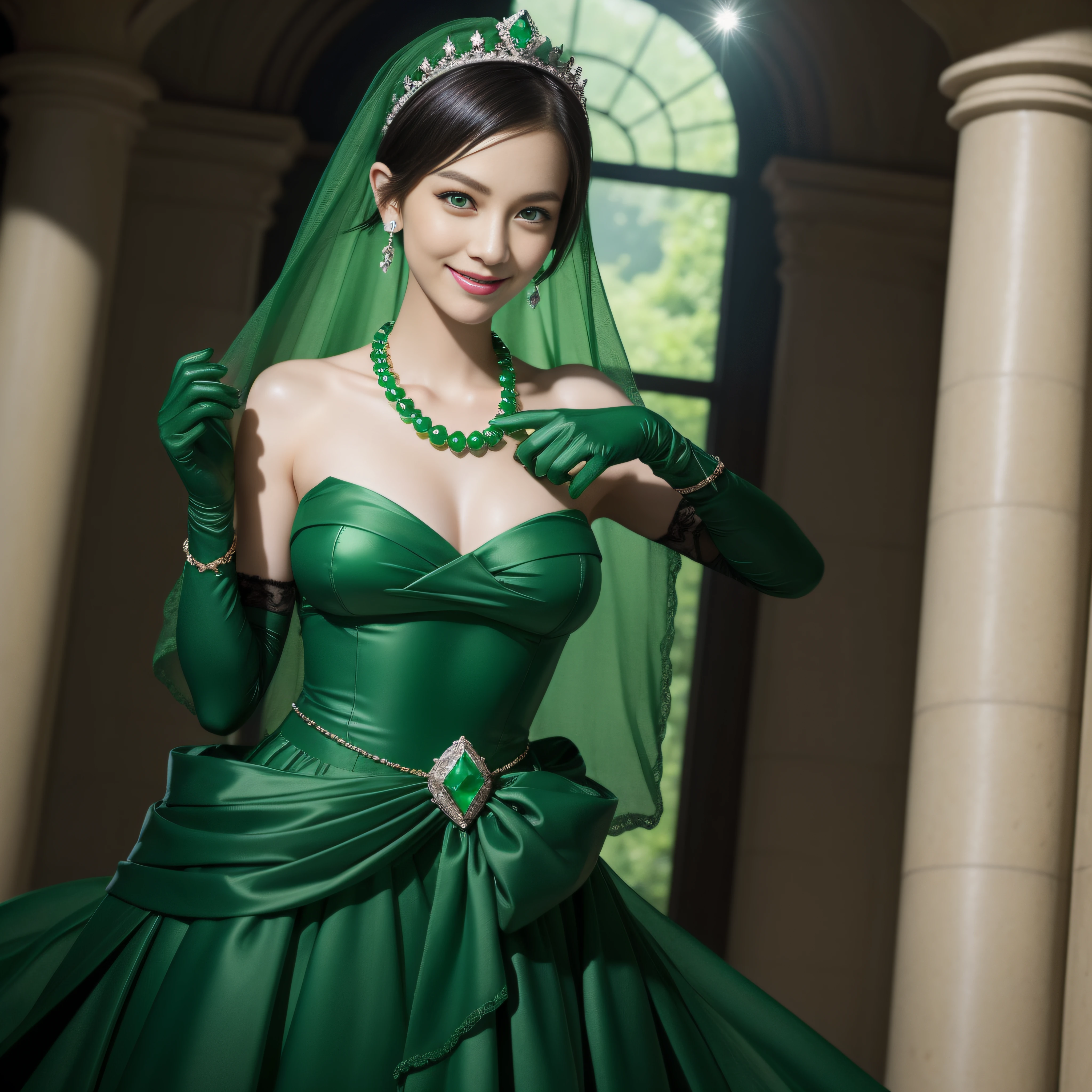 emerald tiara, Green Pearl Necklace, Boyish very short black hair, lipsticks, Japan woman smiling, very short short hair, big breasts beautiful, Green eyes, Long green gloves made of satin material, Green eyes, Emerald Earrings, The tattoo