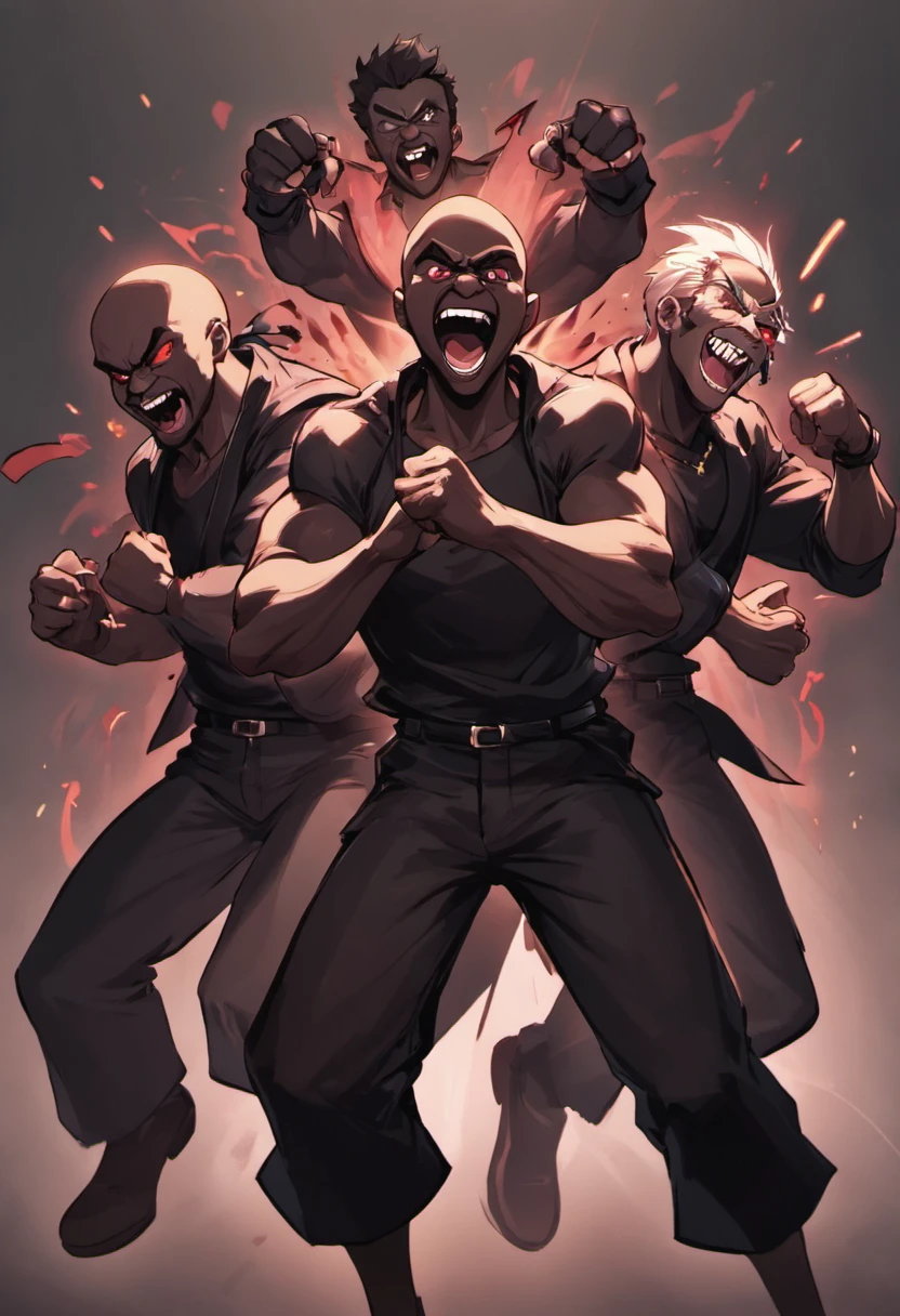 several dark men laughing, in black clothes