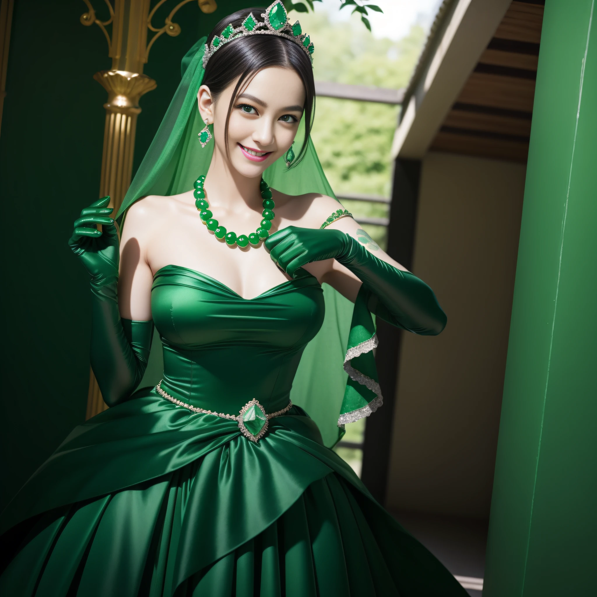 emerald tiara, Green Pearl Necklace, Boyish very short black hair, lipsticks, Japan woman smiling, very very short green hair, big breasts beautiful, Green eyes, Long green gloves made of satin material, Green eyes, Emerald Earrings, The tattoo