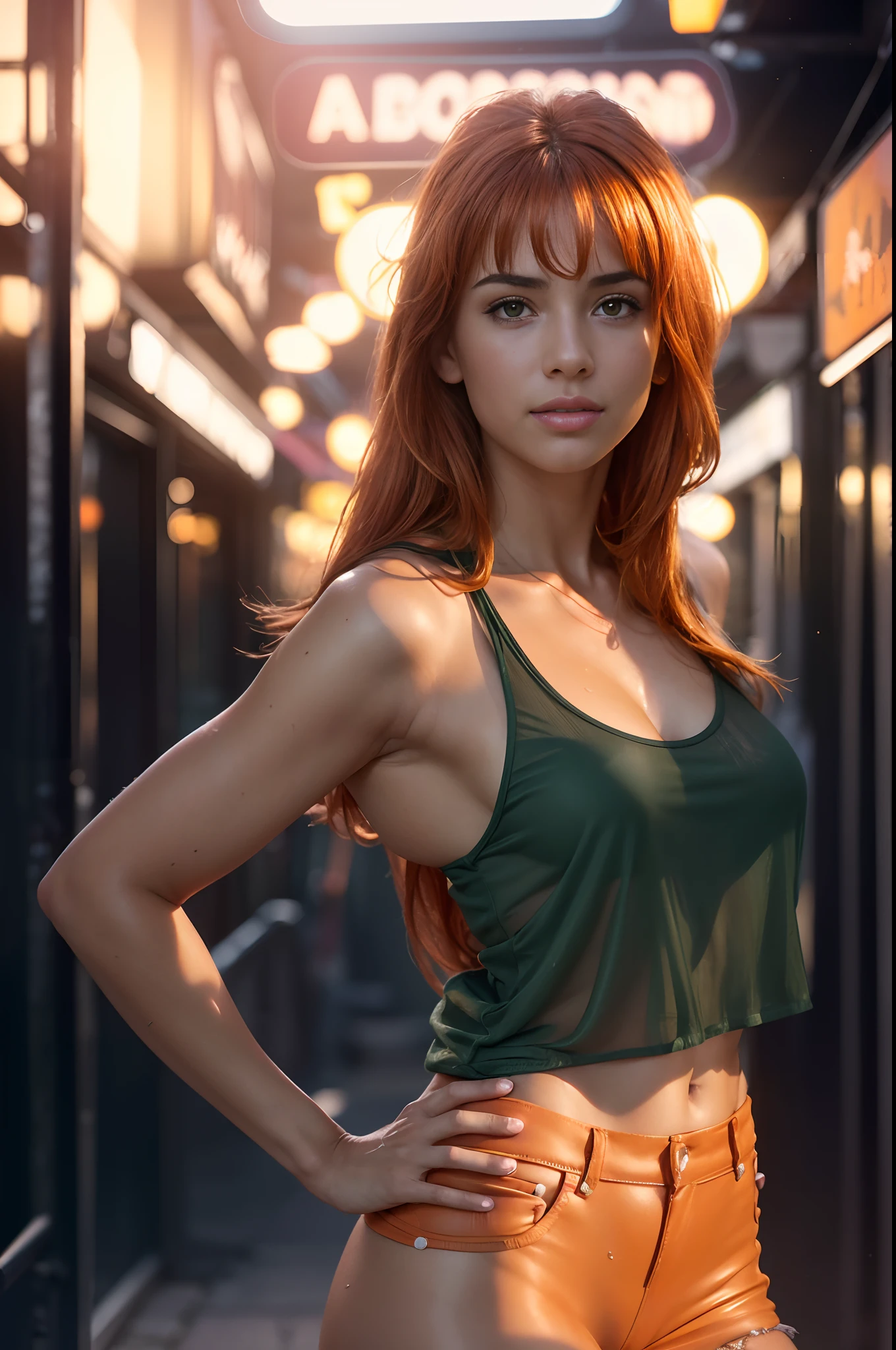 30 years old Women, (Masterpiece: 1.4), (8K, Real, Raw Photo, Best Quality: 1.7), brazilian Person, (1 Girl), Beautiful Face, (Real Face: 1.8), (black curly Hair, Long and curly Hair: 1.3), Hairstyle, ), Beautiful and realistic black Skin, Realistic green Eyes, Beautiful Detail Eyes, (Real Skin: 1.8 Attractive, Ultra High Resolution, Ultra Realistic, High Definition, Golden Ratio, boque, (Detailed Face: 1.4), Wet and sheer tank top, long orange hair, wet and sheer white see-through panties, NSFW, big, big butt emphasis, nipple areola, pink nipple, shape clear, looking at camera, full body, dynamic pose, on a beautiful and exotic tropical beach, intricate, ARRI ALEXA 65, 50mm